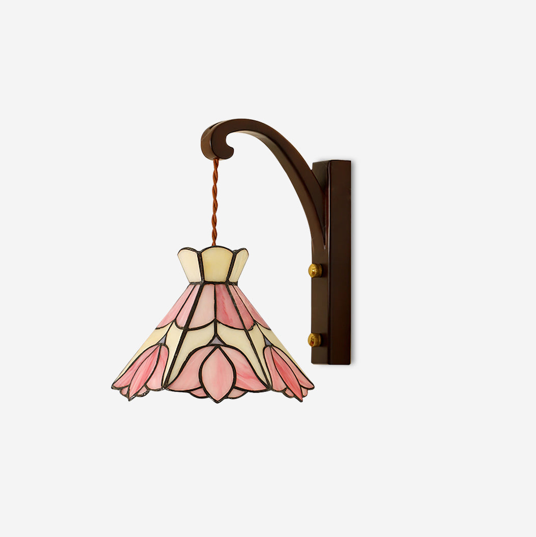 Wall Lamp Wood Body Tiffany Glass Shade Pink Floral Vintage Art