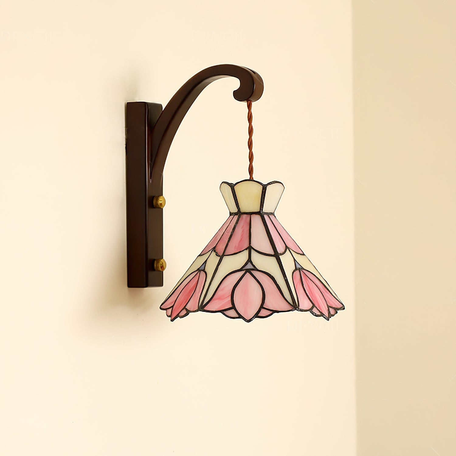 Wall Lamp Wood Body Tiffany Glass Shade Pink Floral Vintage Art