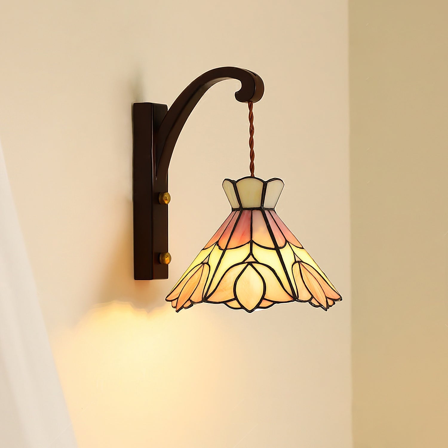 Wall Lamp Wood Body Tiffany Glass Shade Pink Floral Vintage Art