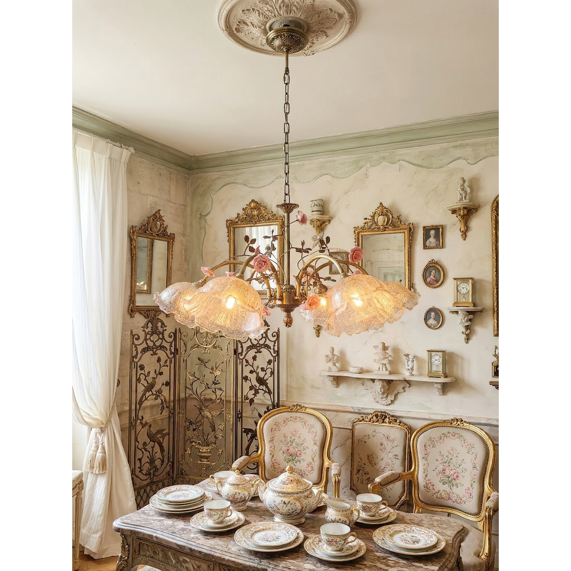 Serenade Chandelier with white glass shades.