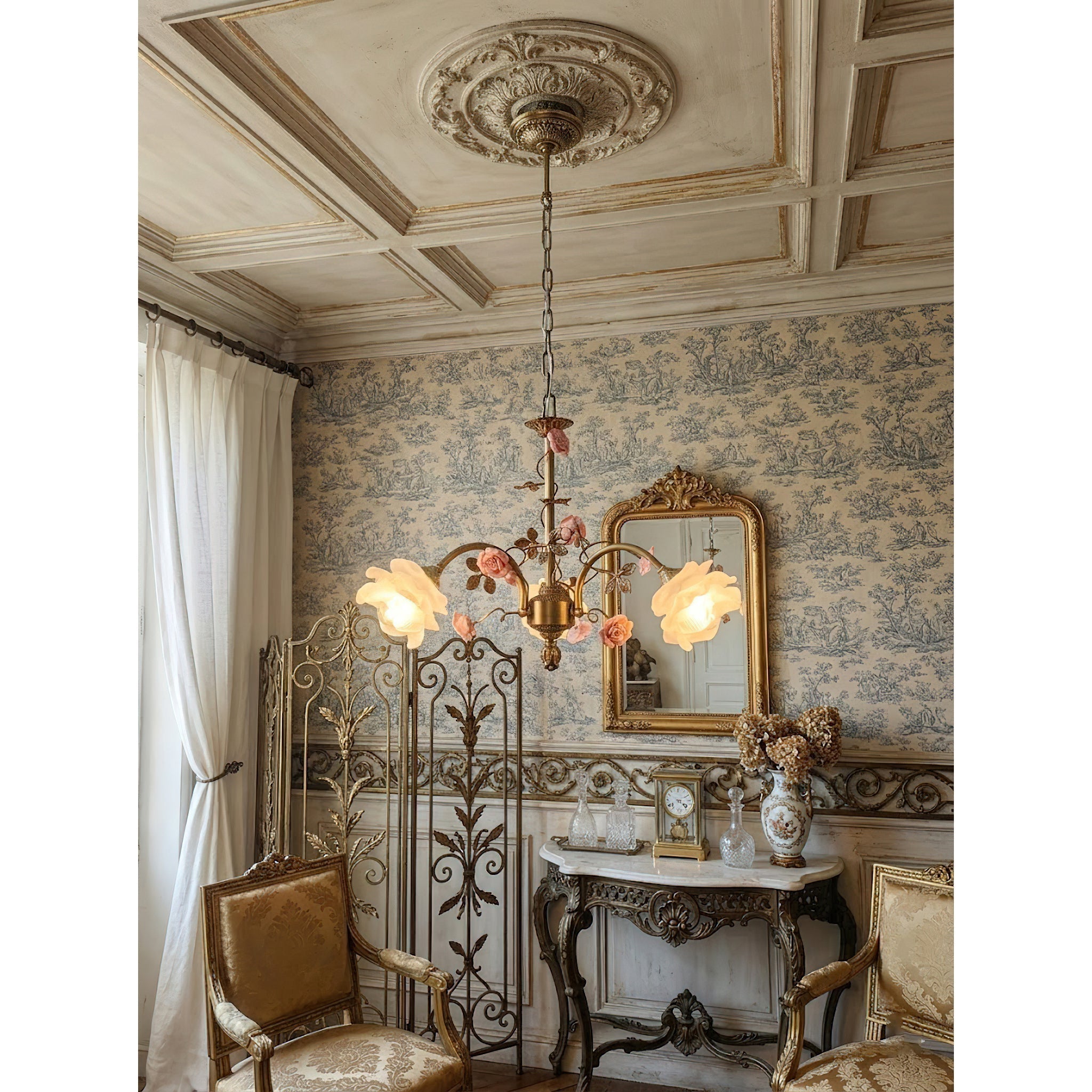 A lifestyle image featuring the Serenade Chandelier in a bedroom.