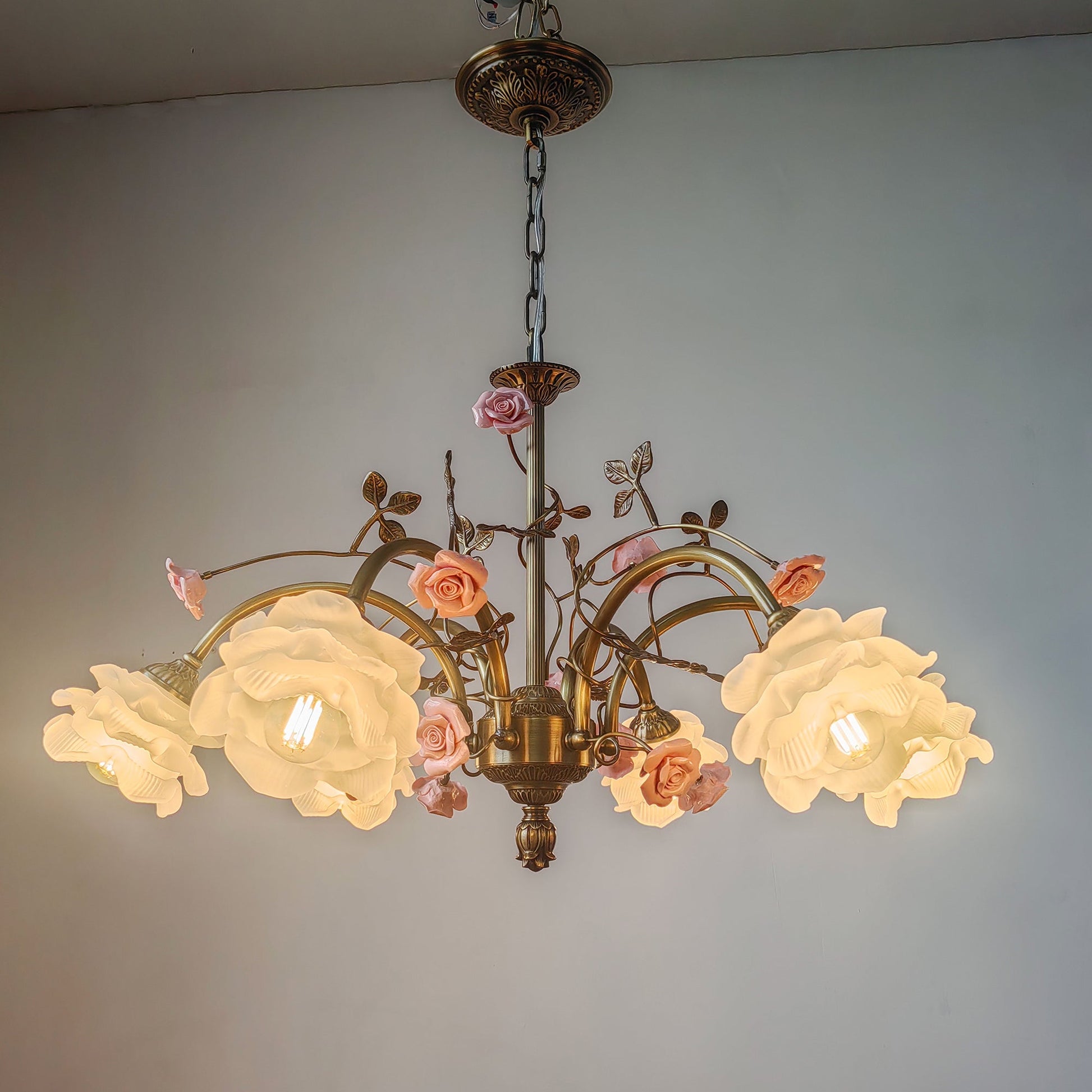 Serenade Chandelier with pink glass shades.