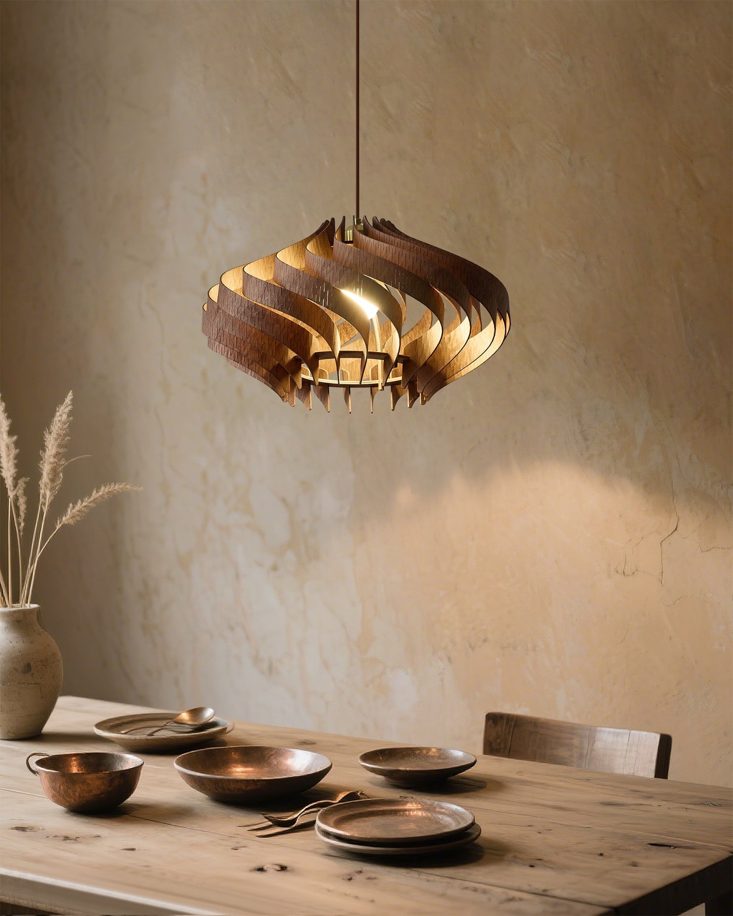 A detailed look at the wood grain and craftsmanship of the Serentia Pendant Light.