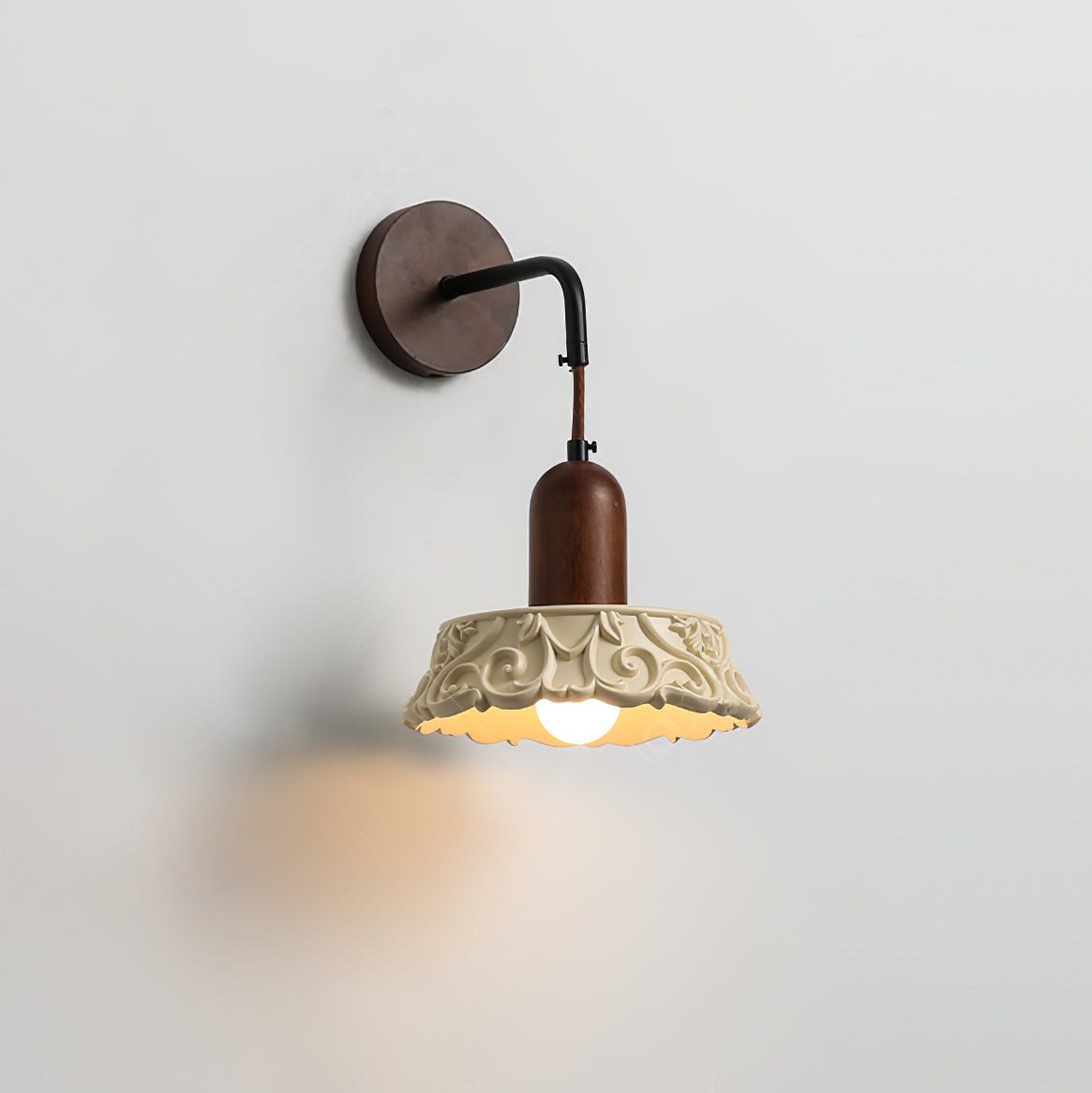 Wall Lamp with Carved Resin Shade Walnut Wood Arm Vintage