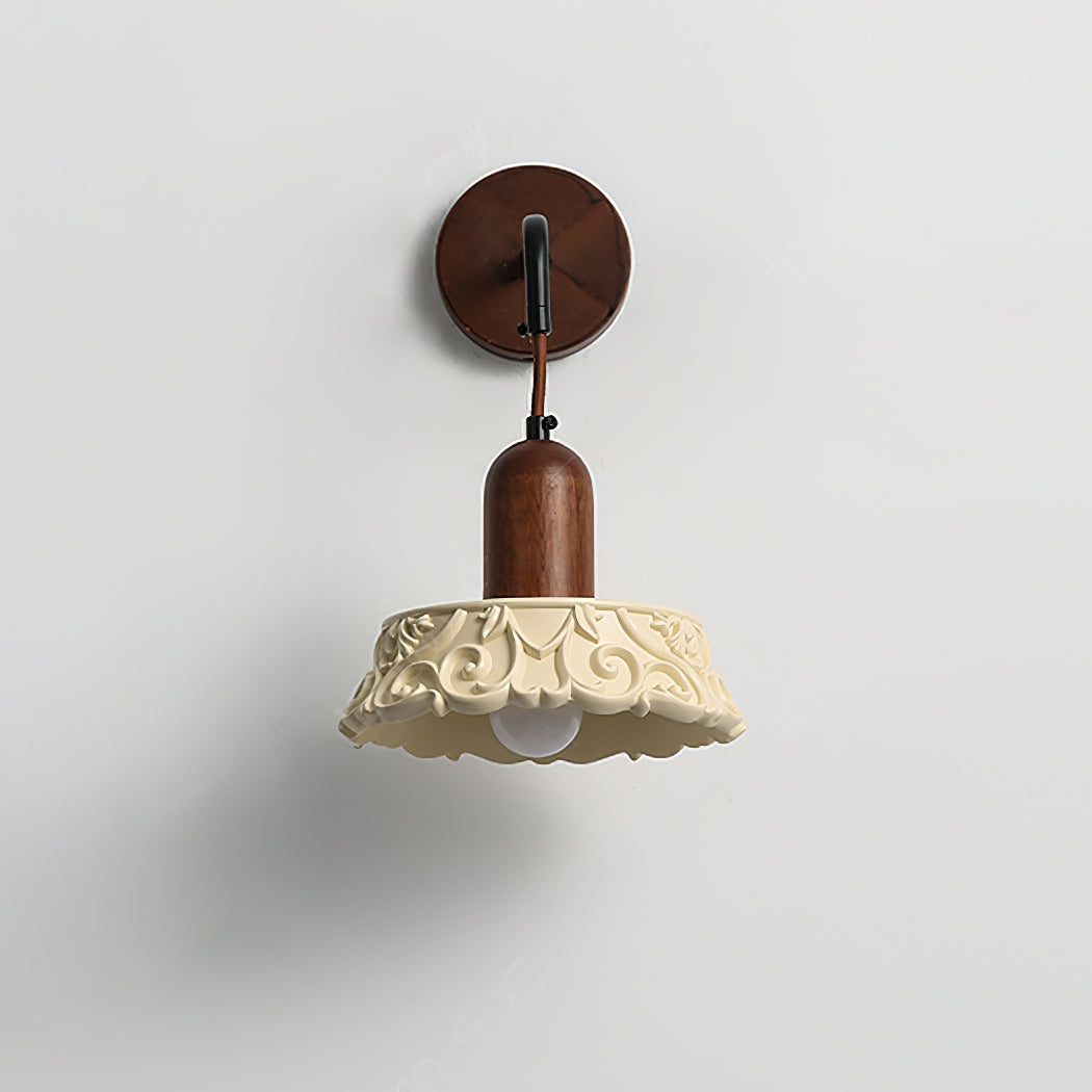 Wall Lamp with Carved Resin Shade Walnut Wood Arm Vintage