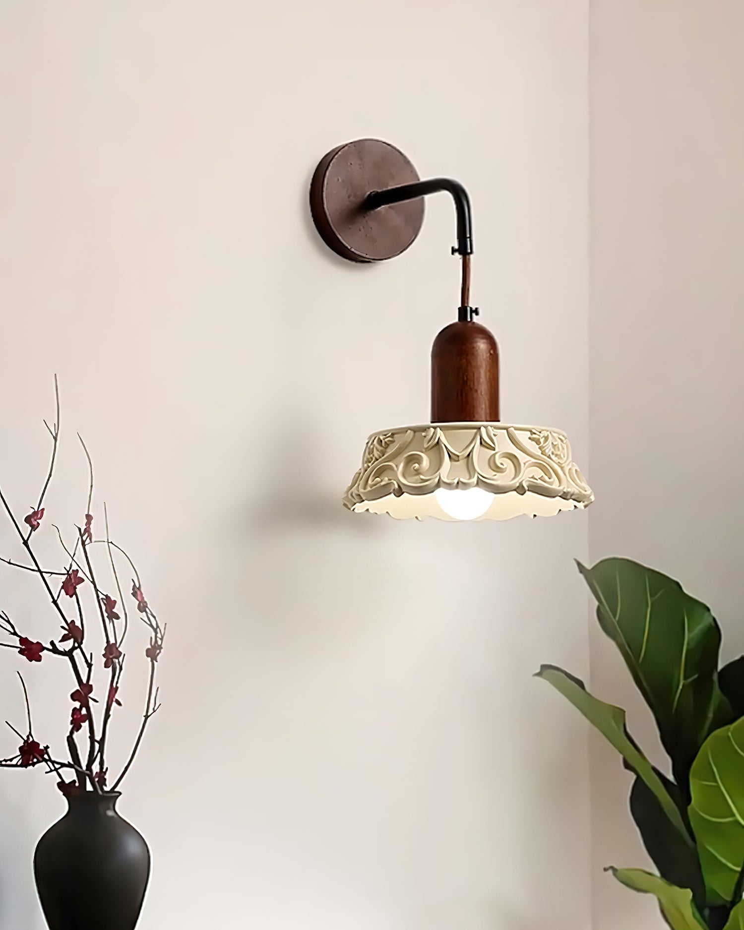 Wall Lamp with Carved Resin Shade Walnut Wood Arm Vintage