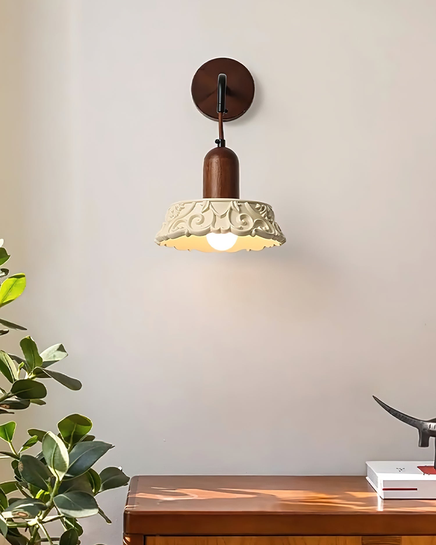 Wall Lamp with Carved Resin Shade Walnut Wood Arm Vintage