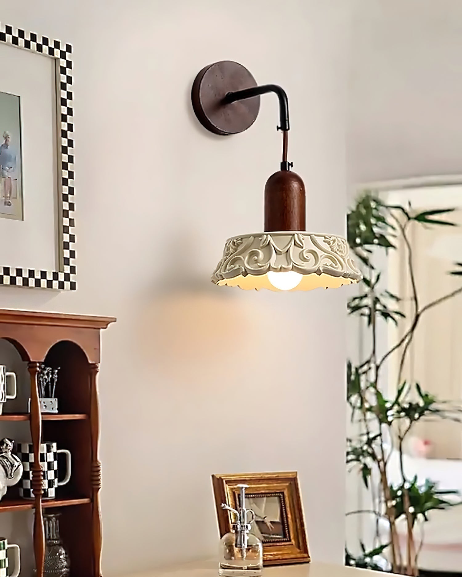 Wall Lamp with Carved Resin Shade Walnut Wood Arm Vintage