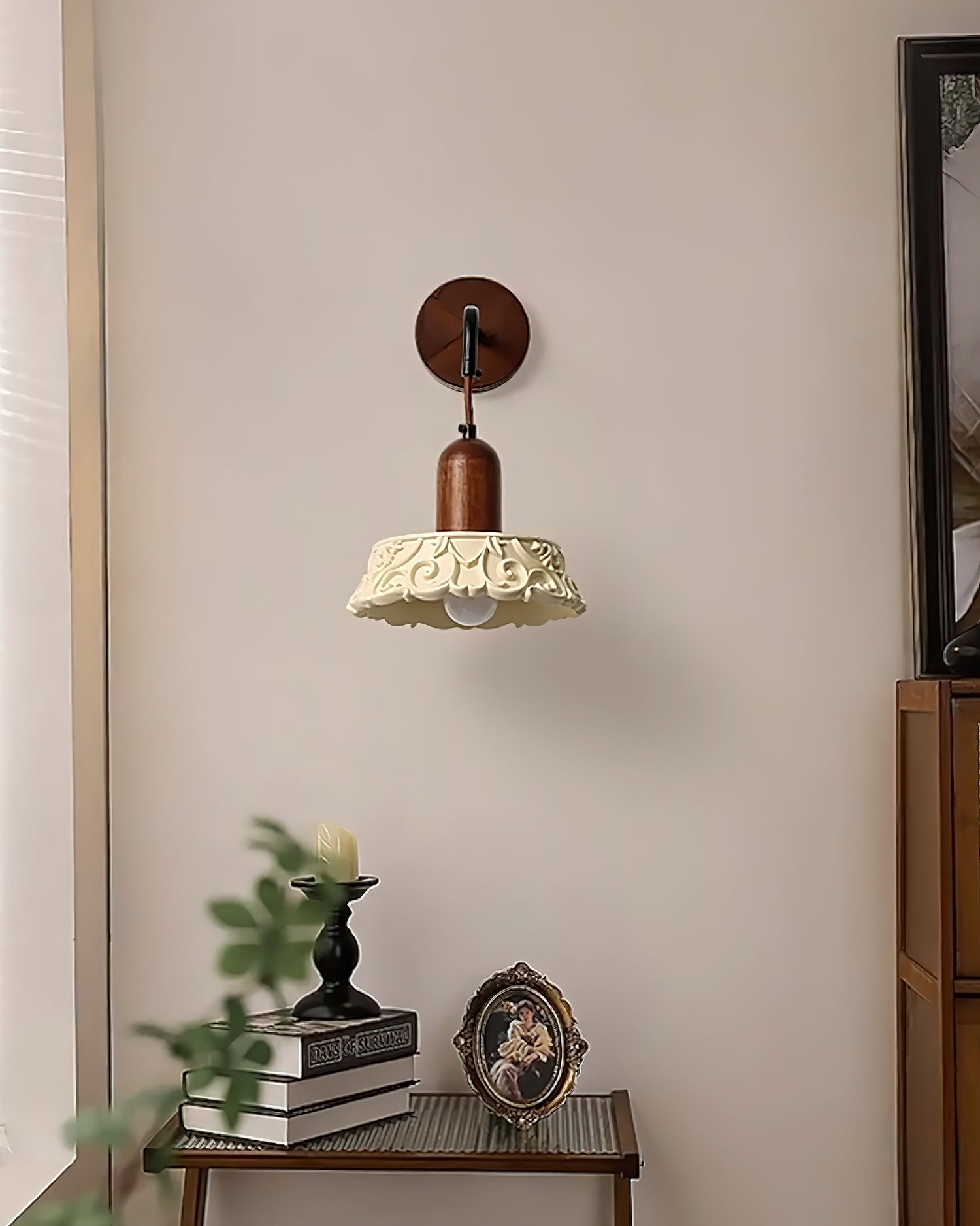 Wall Lamp with Carved Resin Shade Walnut Wood Arm Vintage
