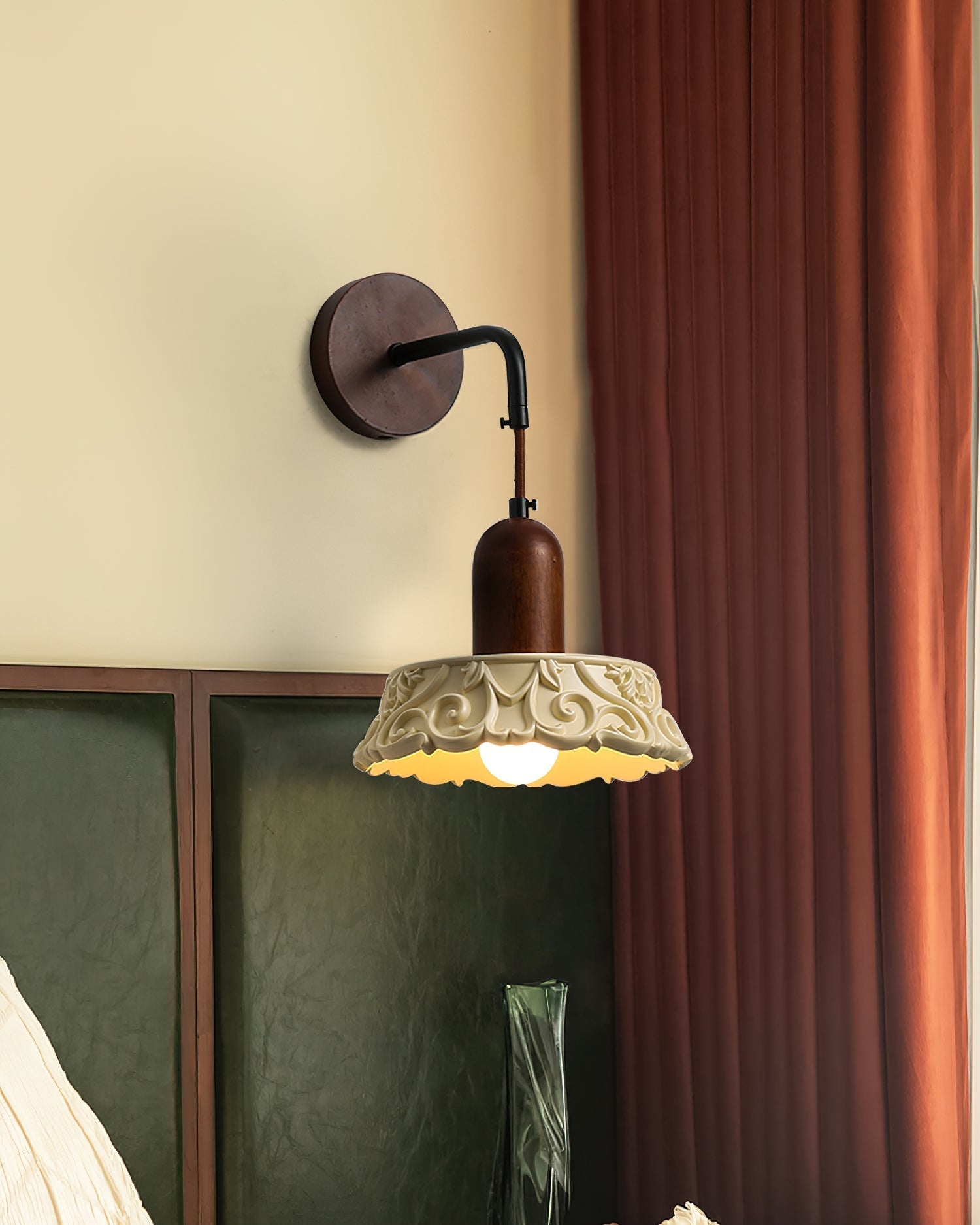 Wall Lamp with Carved Resin Shade Walnut Wood Arm Vintage