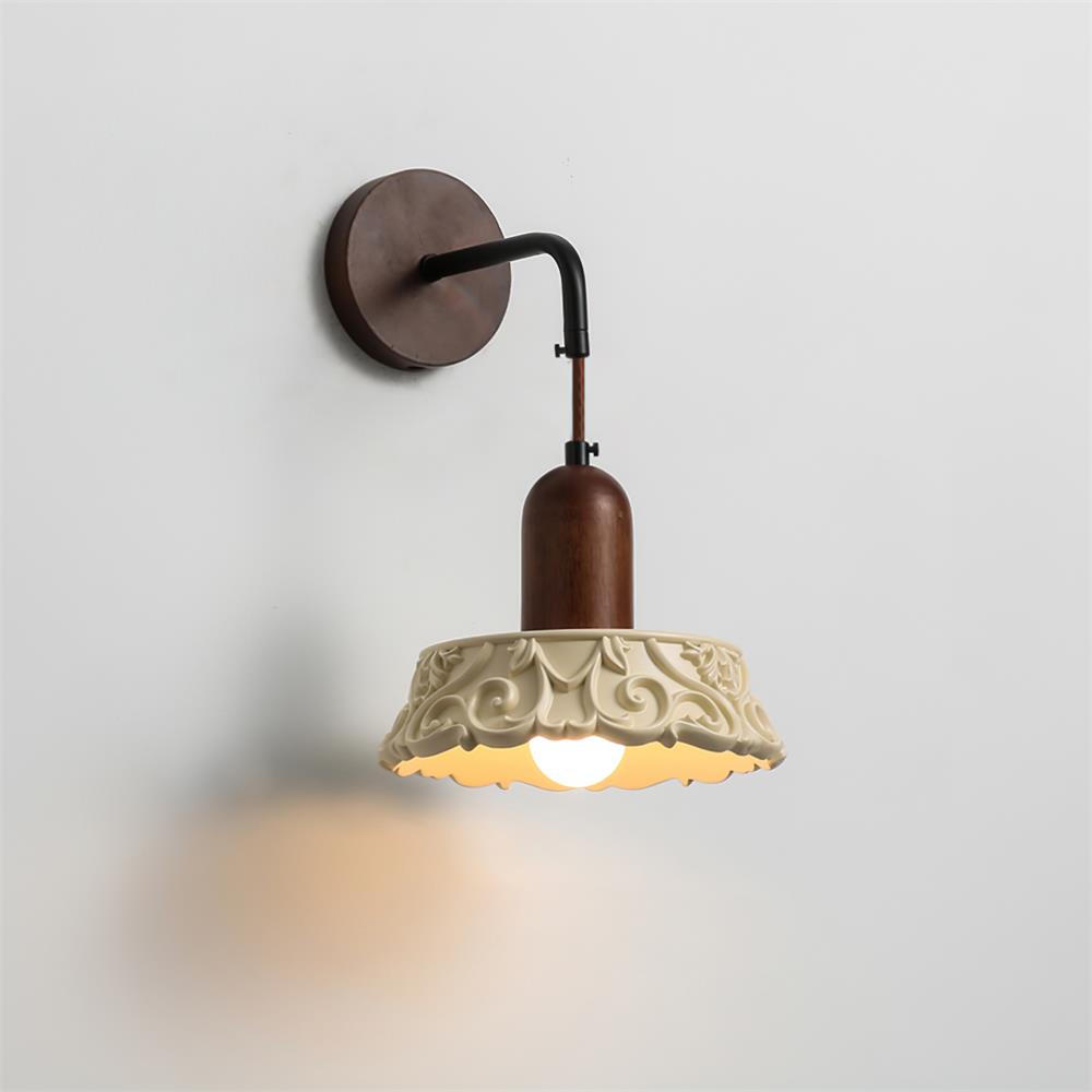 Wall Lamp with Carved Resin Shade Walnut Wood Arm Vintage