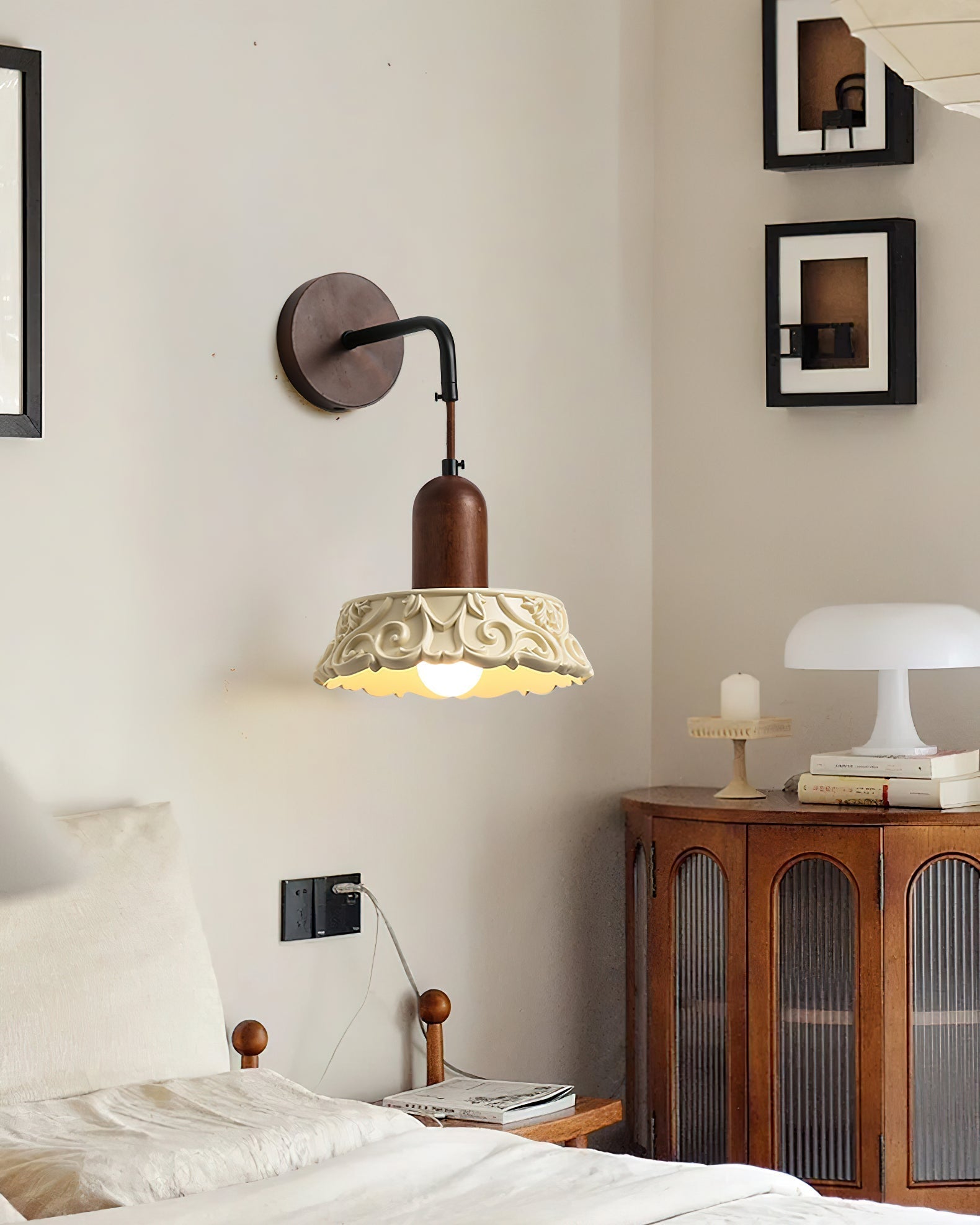 Wall Lamp with Carved Resin Shade Walnut Wood Arm Vintage