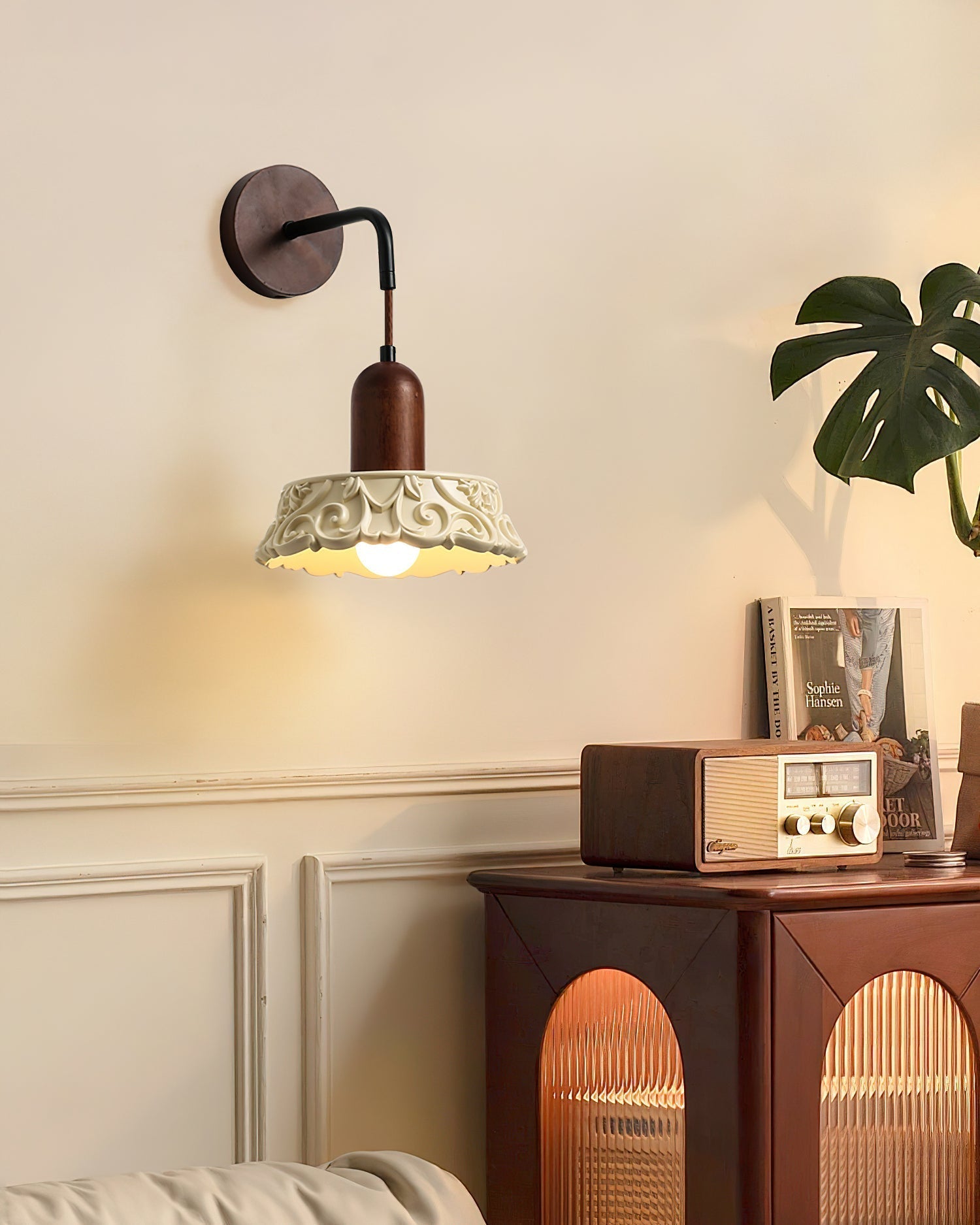 Wall Lamp with Carved Resin Shade Walnut Wood Arm Vintage