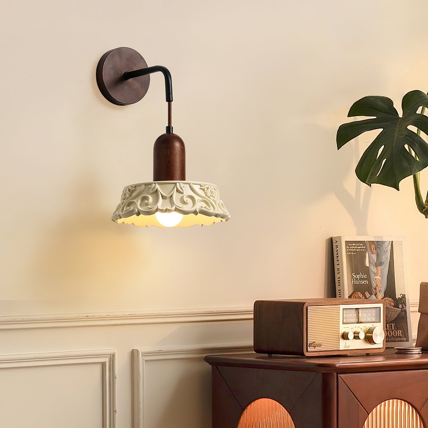 Wall Lamp with Carved Resin Shade Walnut Wood Arm Vintage