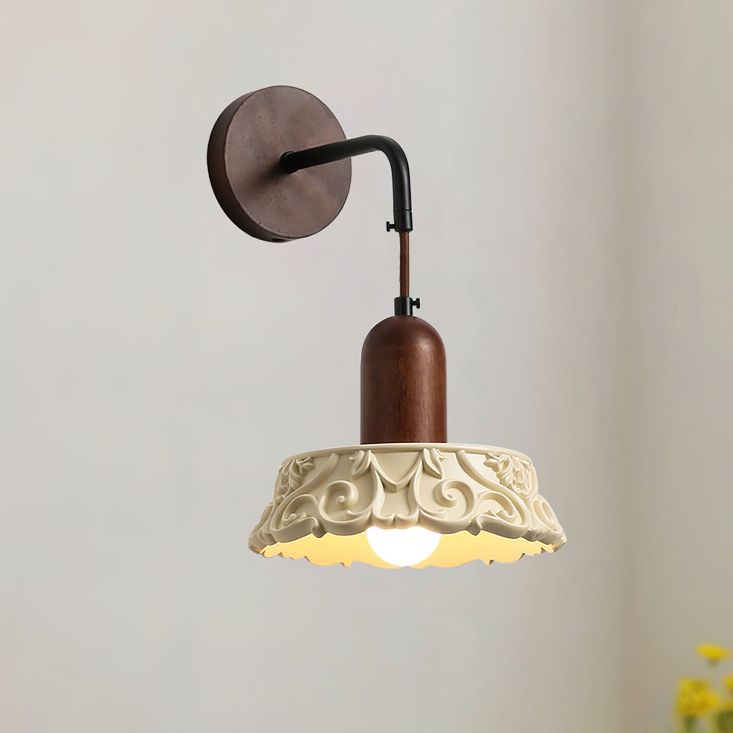 Wall Lamp with Carved Resin Shade Walnut Wood Arm Vintage