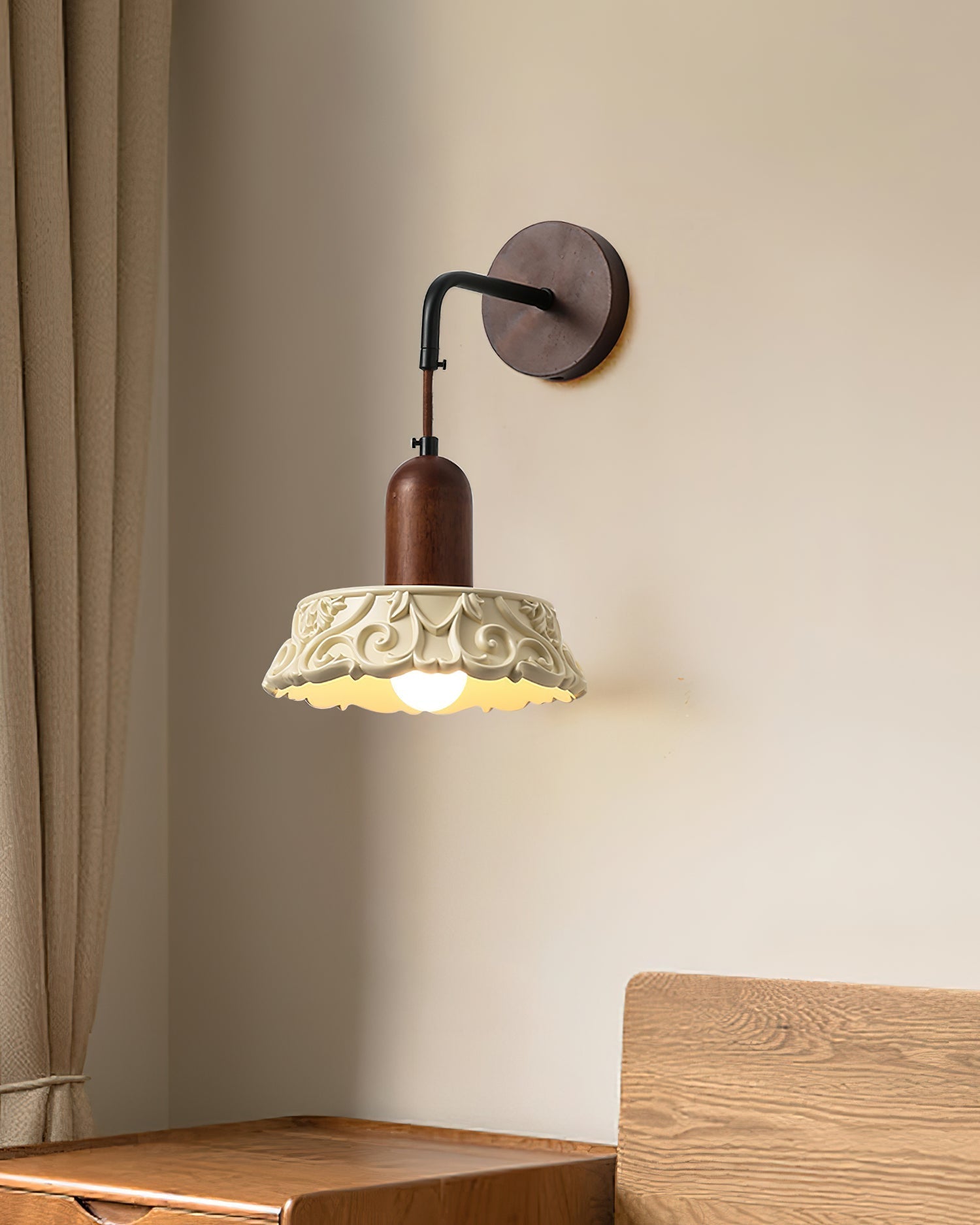 Wall Lamp with Carved Resin Shade Walnut Wood Arm Vintage