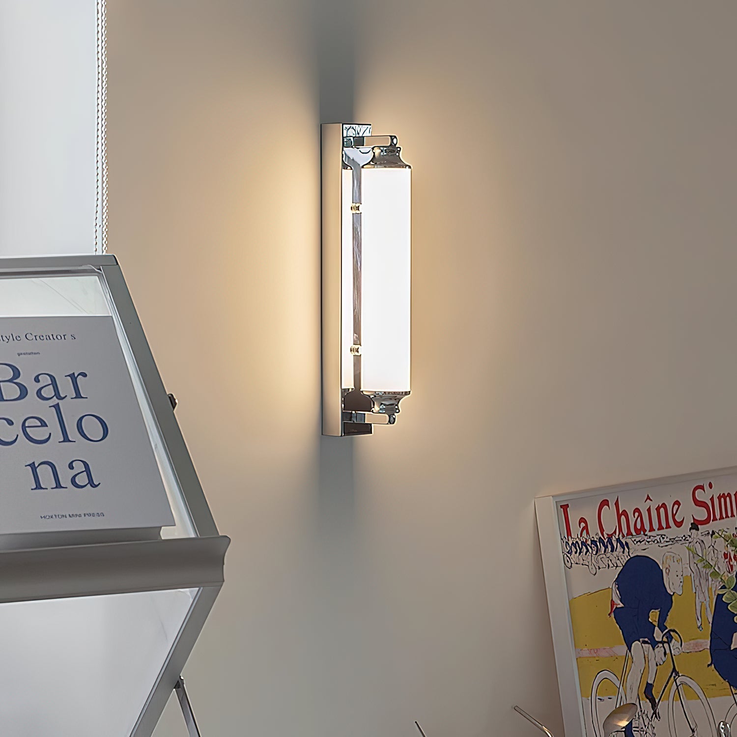 Close-up of the Sheridan Wall Lamp's acrylic shade, showing the glowing cylinder.