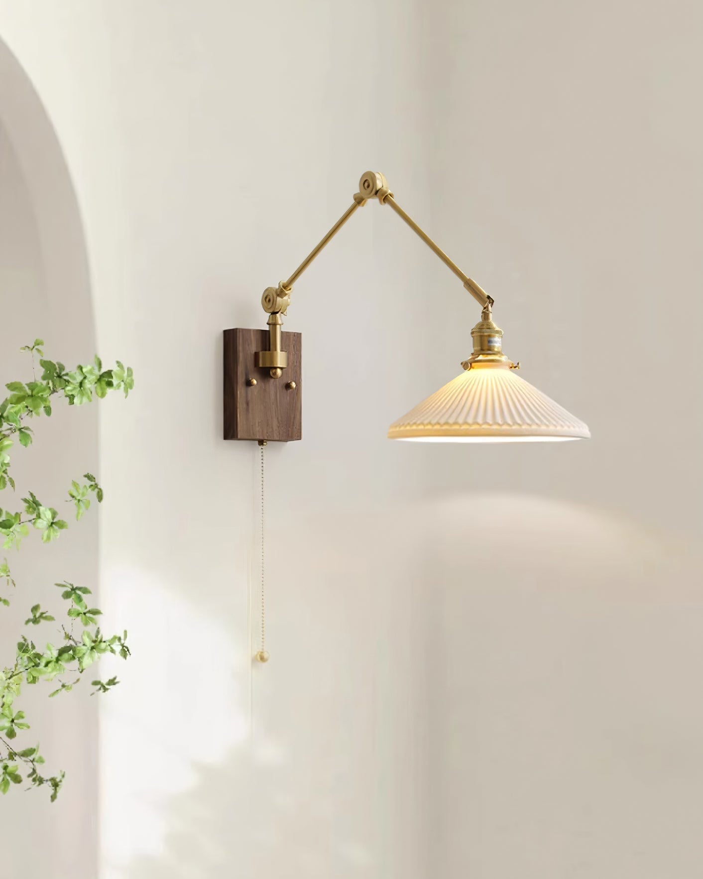 Wall Lamp Adjustable Arm Pleated Shade Walnut Base Vintage Task