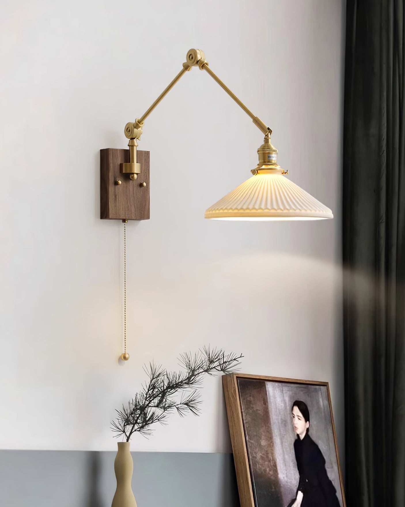 Wall Lamp Adjustable Arm Pleated Shade Walnut Base Vintage Task
