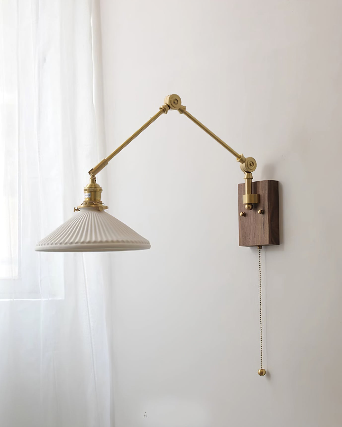 Wall Lamp Adjustable Arm Pleated Shade Walnut Base Vintage Task