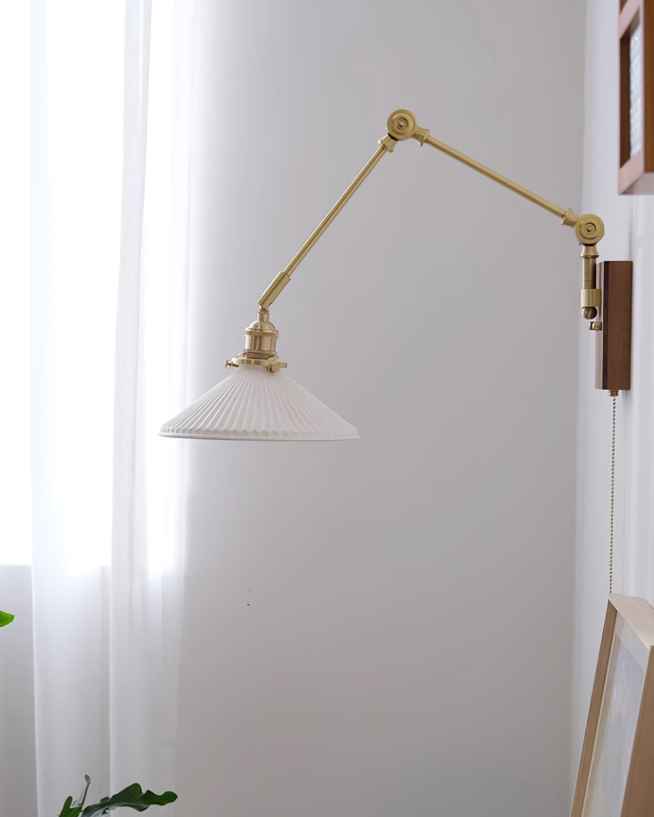 Wall Lamp Adjustable Arm Pleated Shade Walnut Base Vintage Task