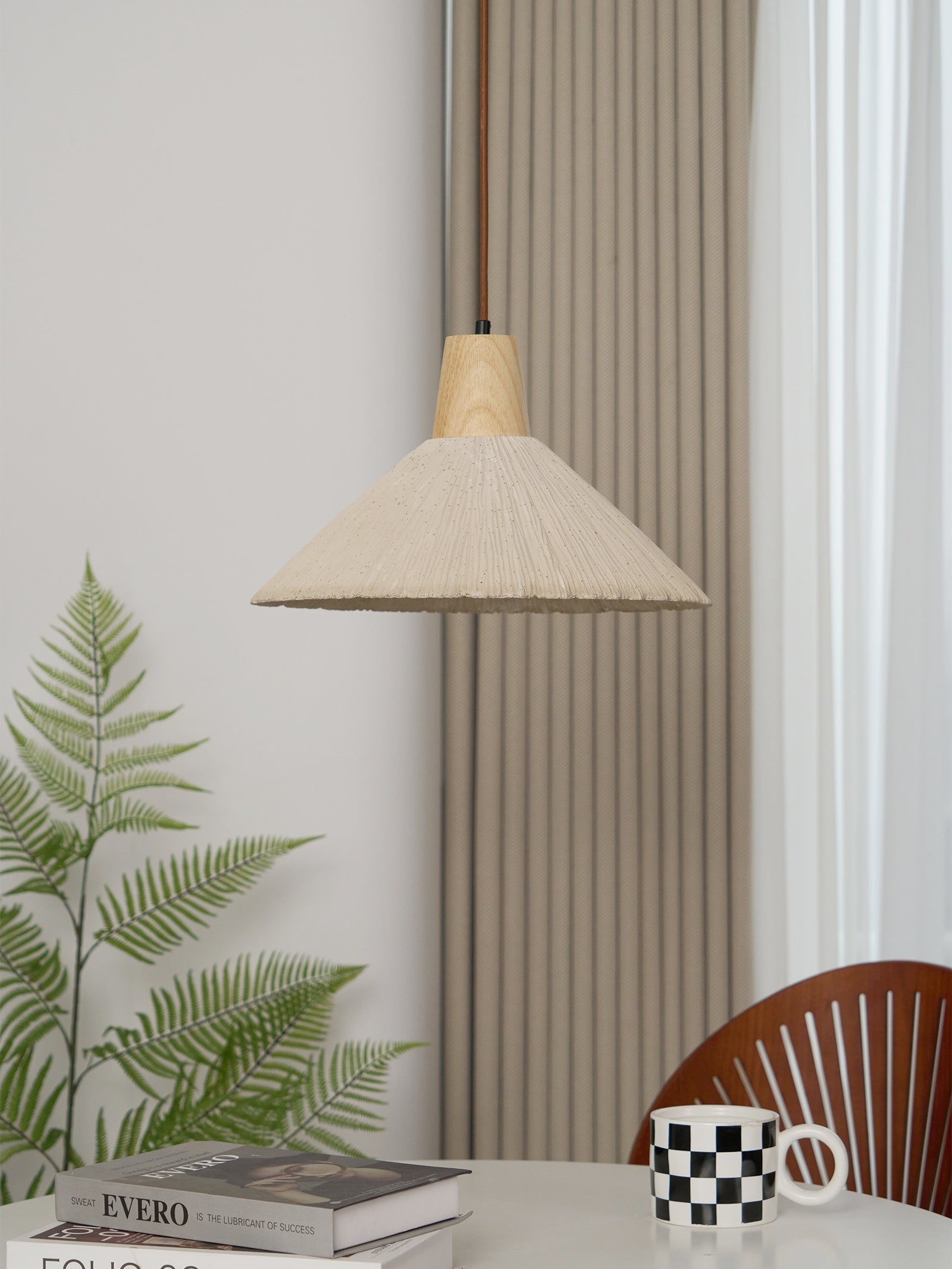 Pendant Lamp Wood Top Textured Cement Shade Grey Natural Japandi