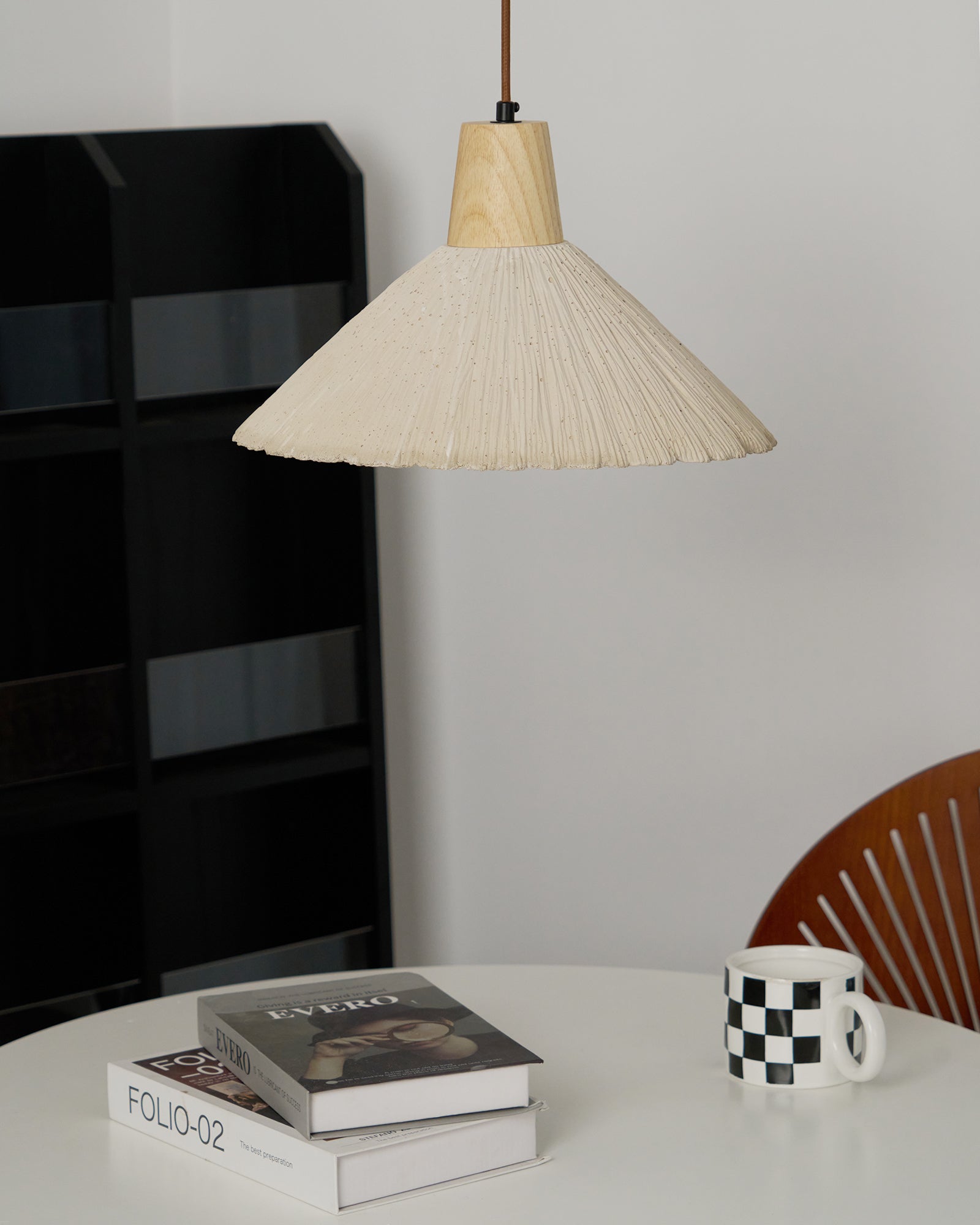 Pendant Lamp Wood Top Textured Cement Shade Grey Natural Japandi