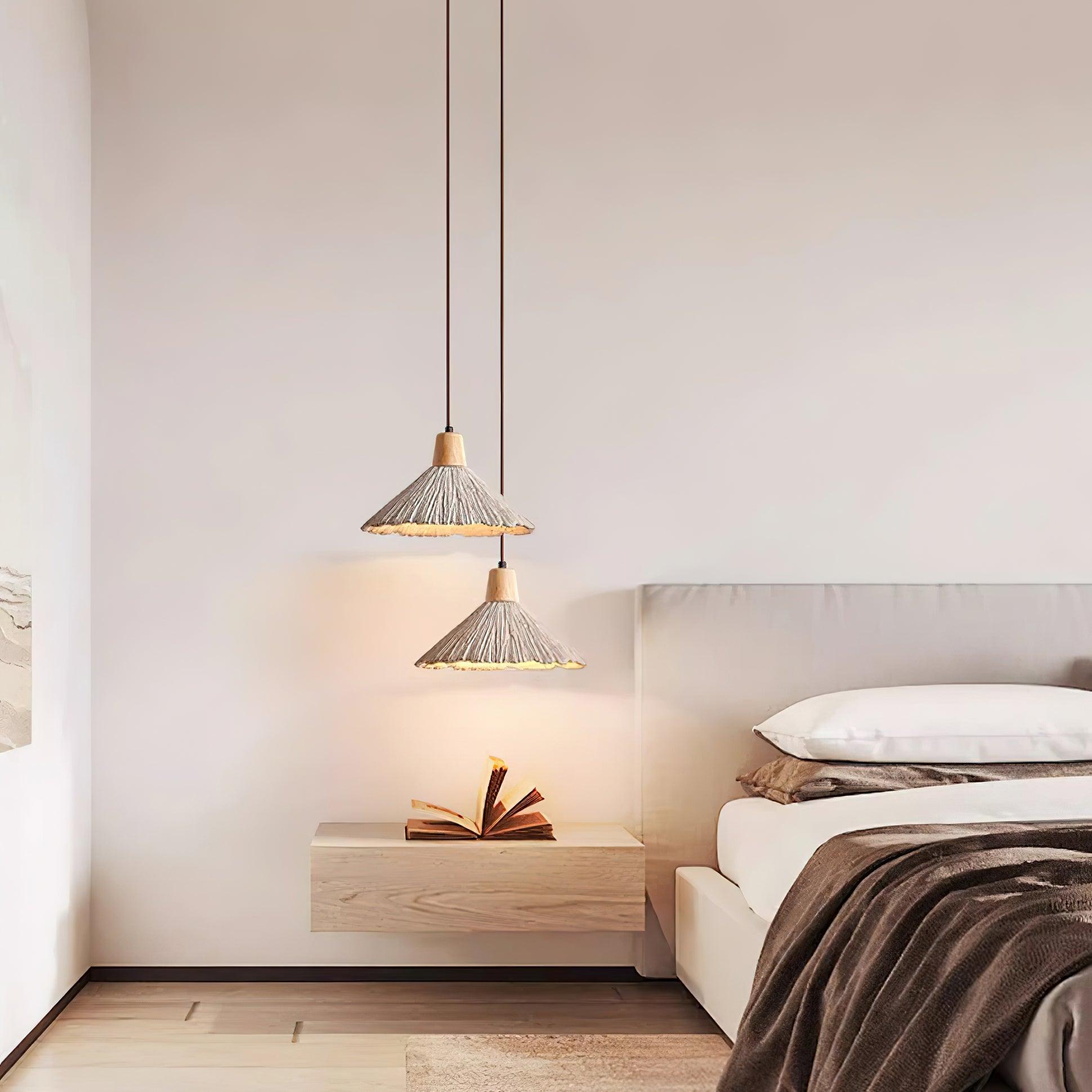 Pendant Lamp Wood Top Textured Cement Shade Grey Natural Japandi