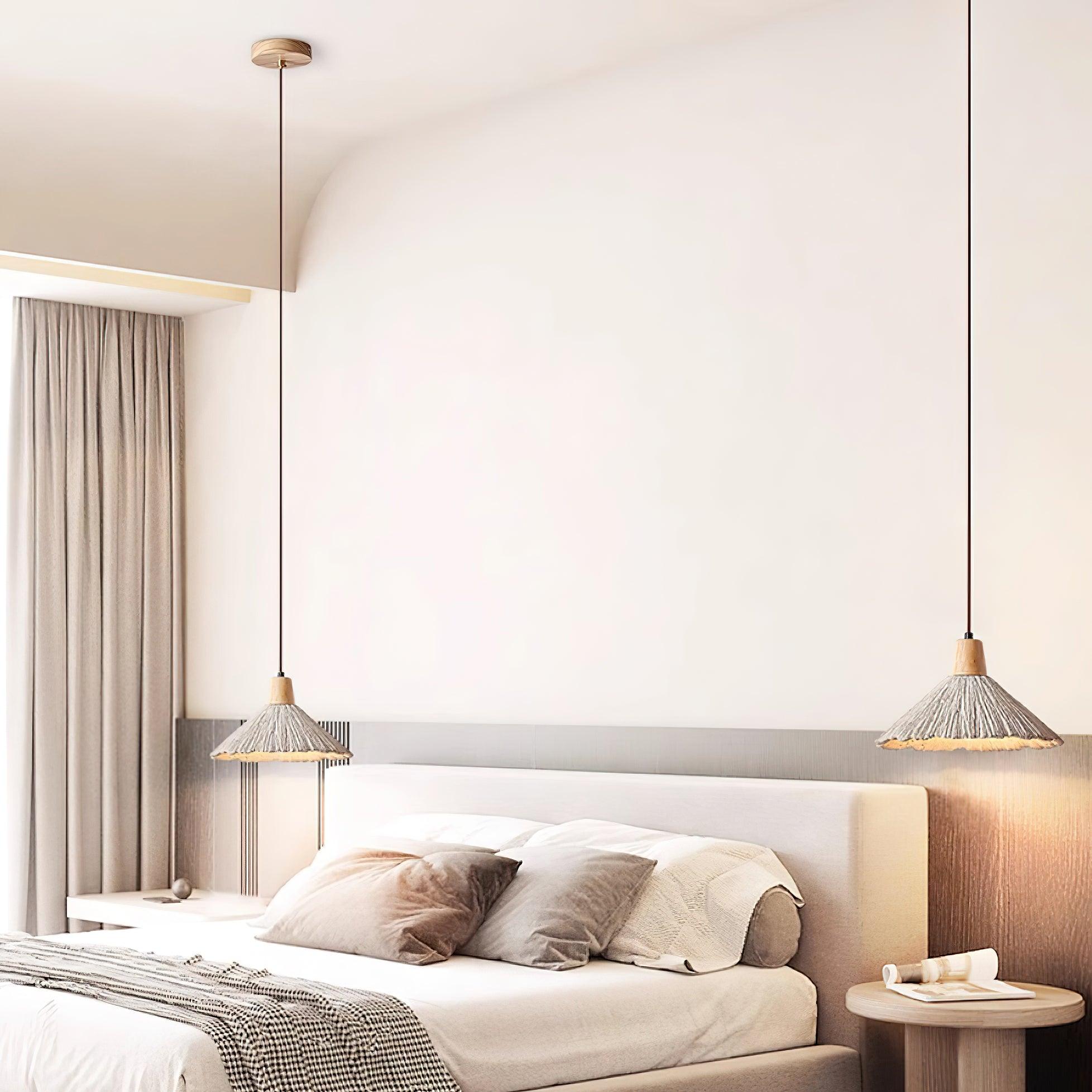 Pendant Lamp Wood Top Textured Cement Shade Grey Natural Japandi
