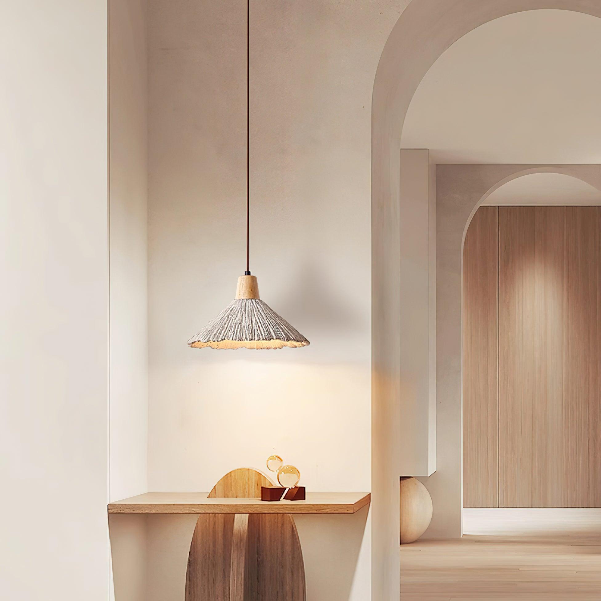 Pendant Lamp Wood Top Textured Cement Shade Grey Natural Japandi