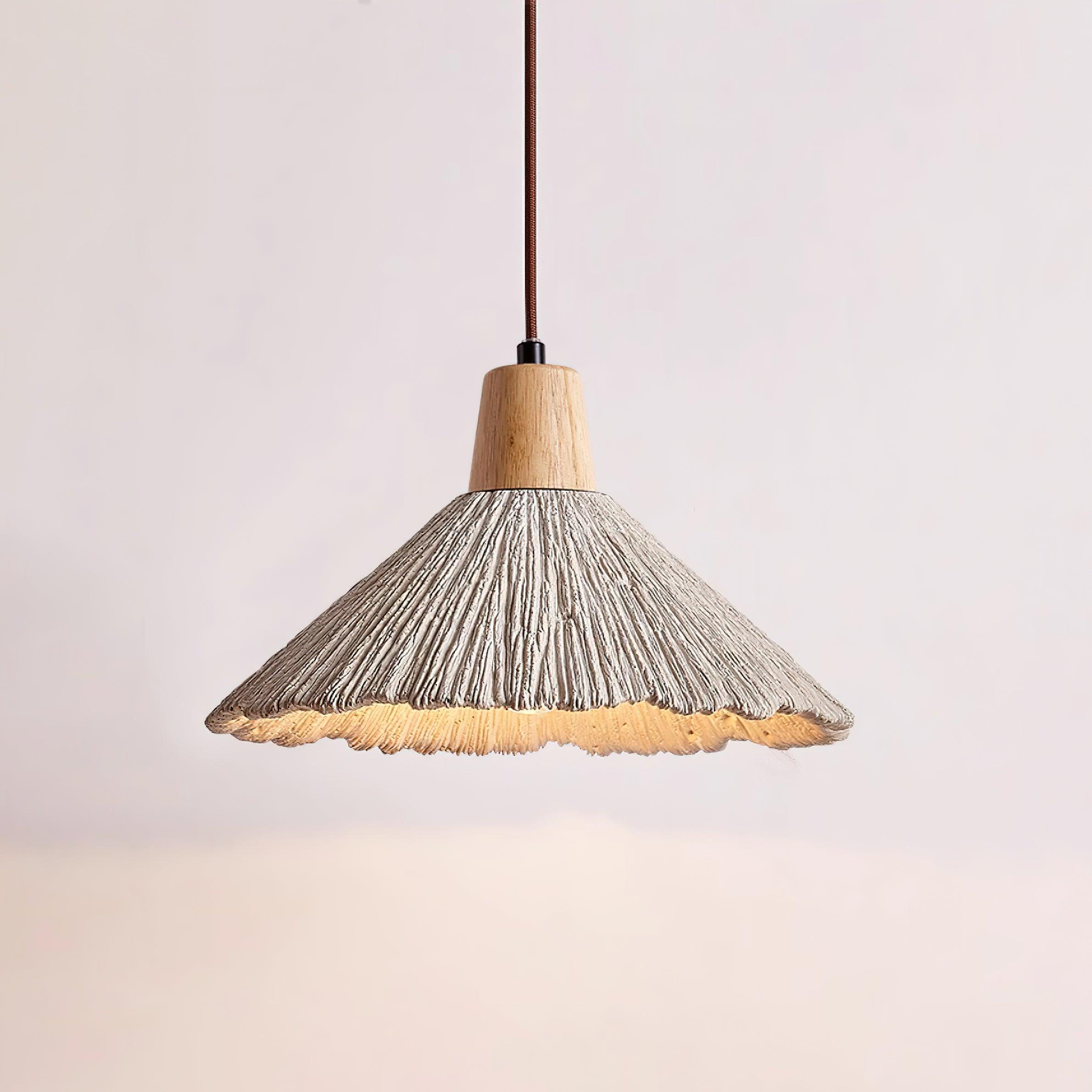 Pendant Lamp Wood Top Textured Cement Shade Grey Natural Japandi