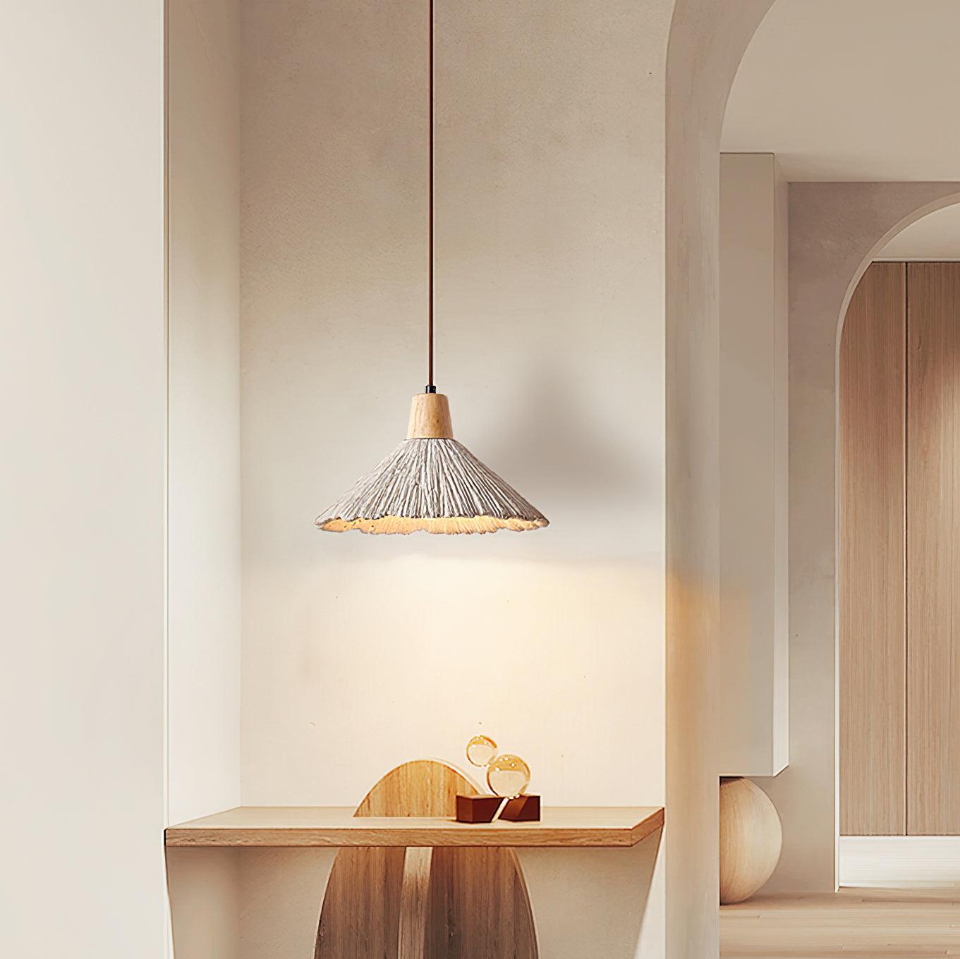 Pendant Lamp Wood Top Textured Cement Shade Grey Natural Japandi