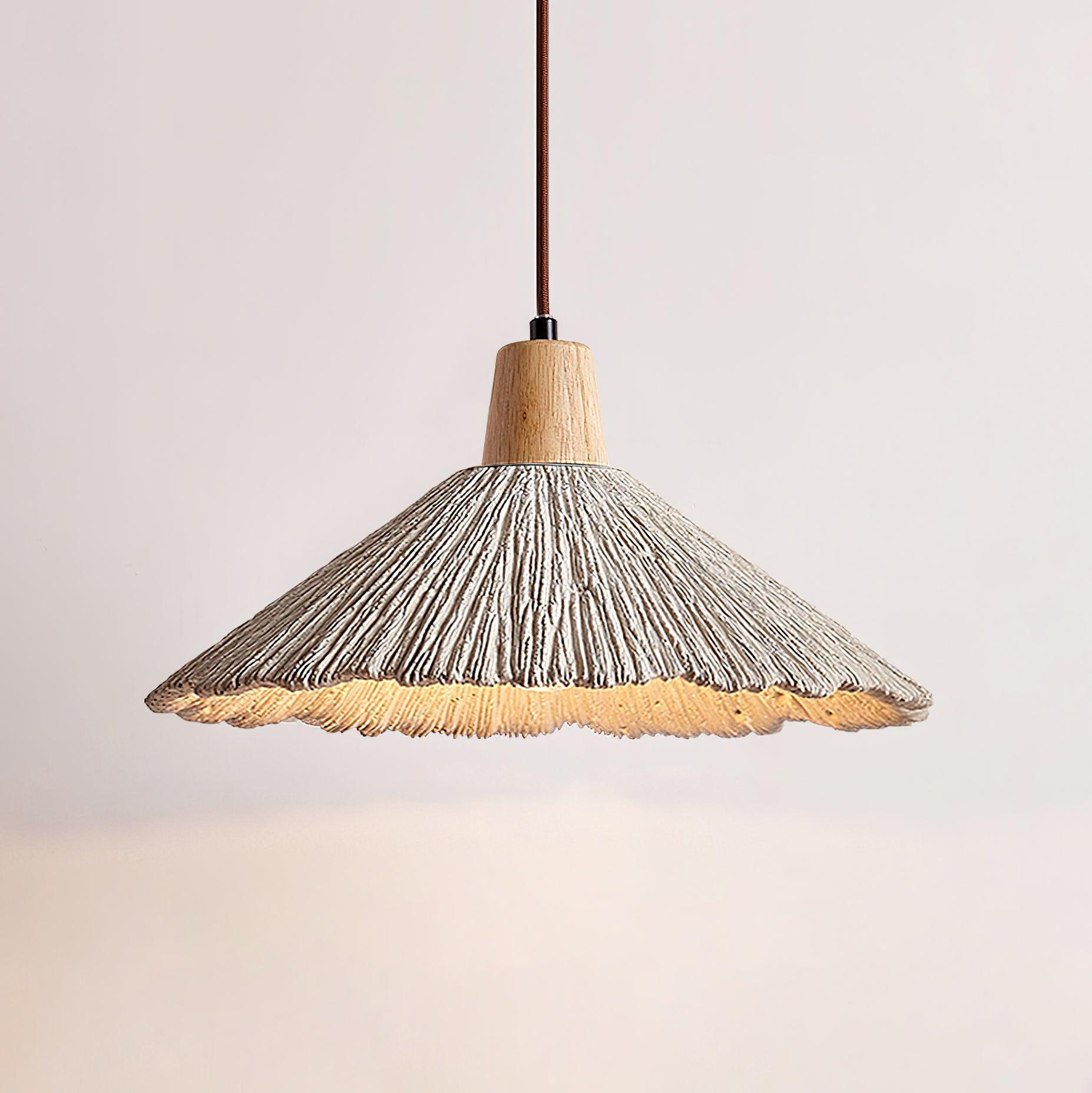 Pendant Lamp Wood Top Textured Cement Shade Grey Natural Japandi