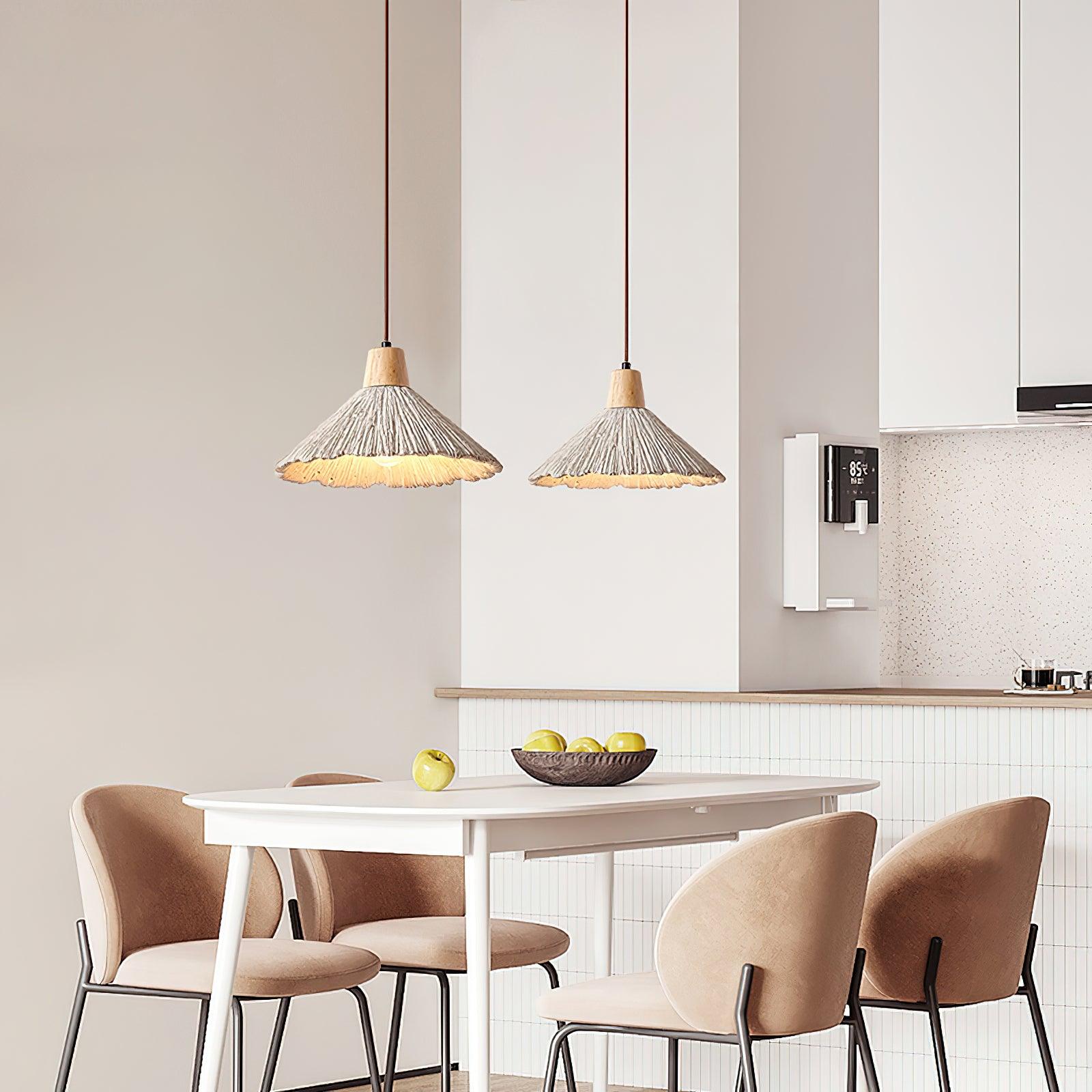 Pendant Lamp Wood Top Textured Cement Shade Grey Natural Japandi