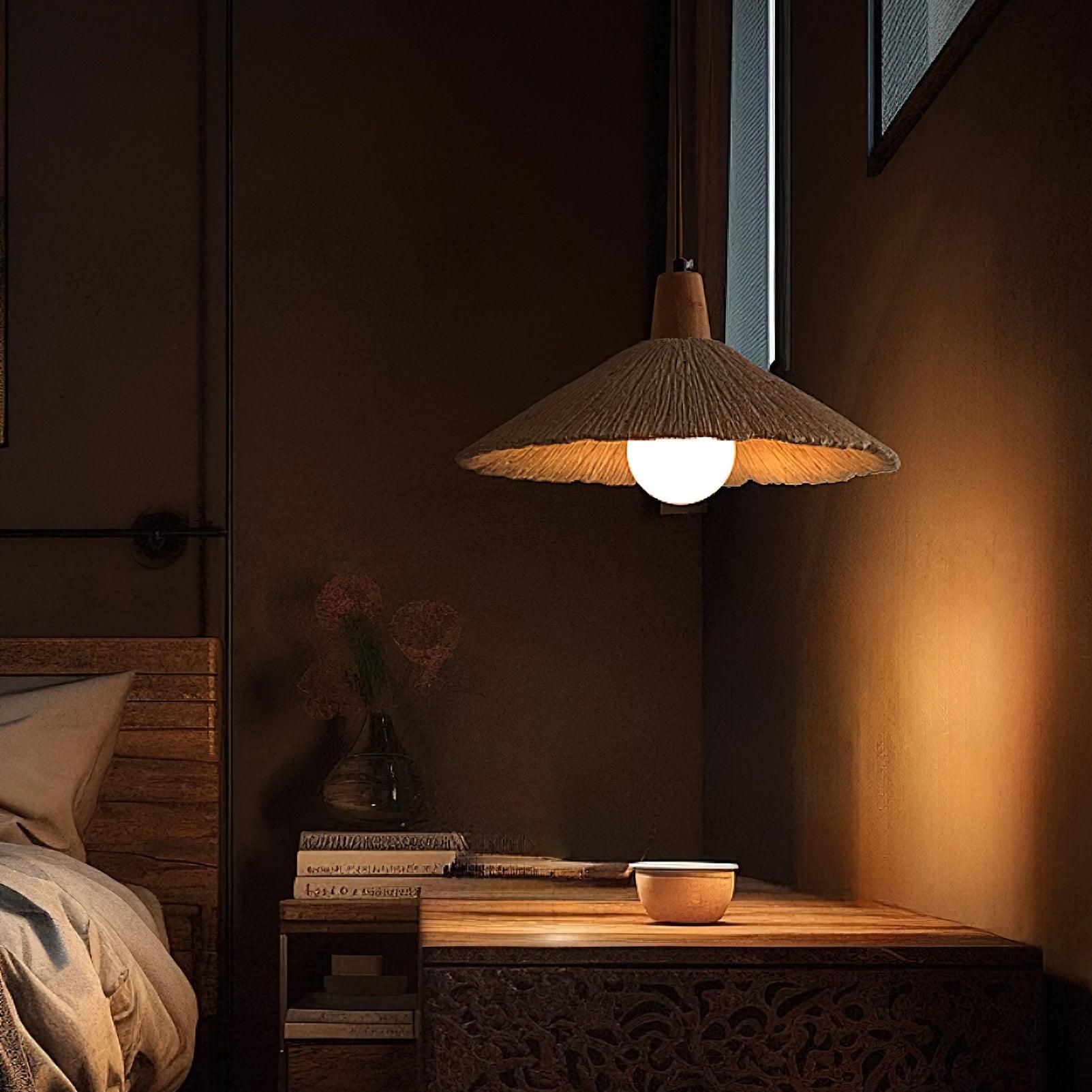 Pendant Lamp Wood Top Textured Cement Shade Grey Natural Japandi