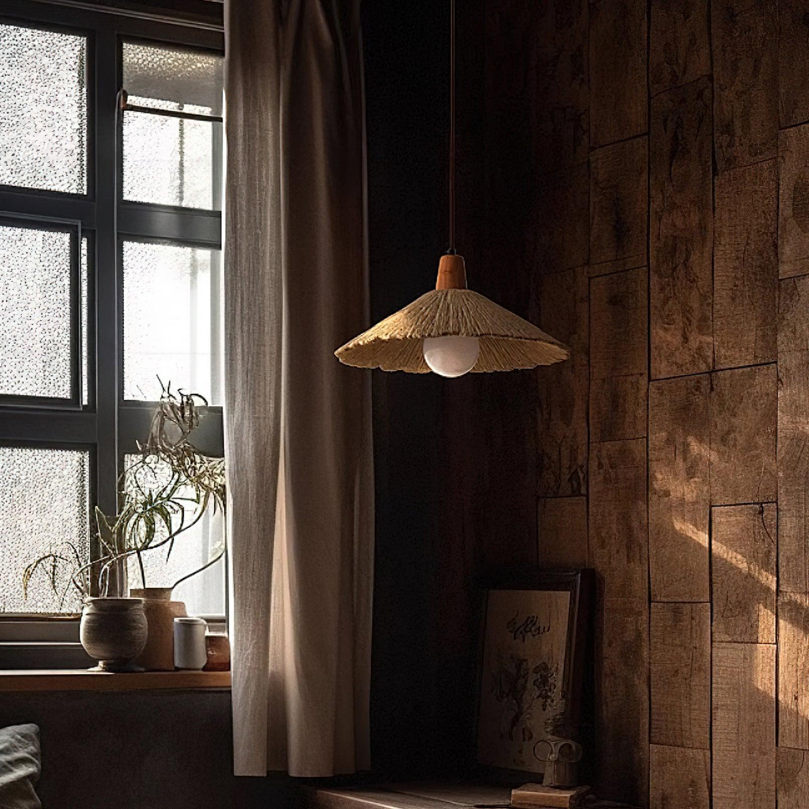 Pendant Lamp Wood Top Textured Cement Shade Grey Natural Japandi