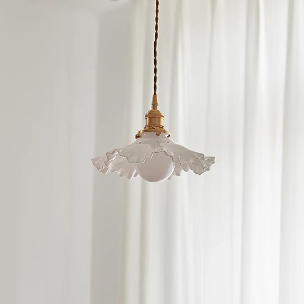 Pendant Lamp Glass Ruffle Shade Brass Warm Glow