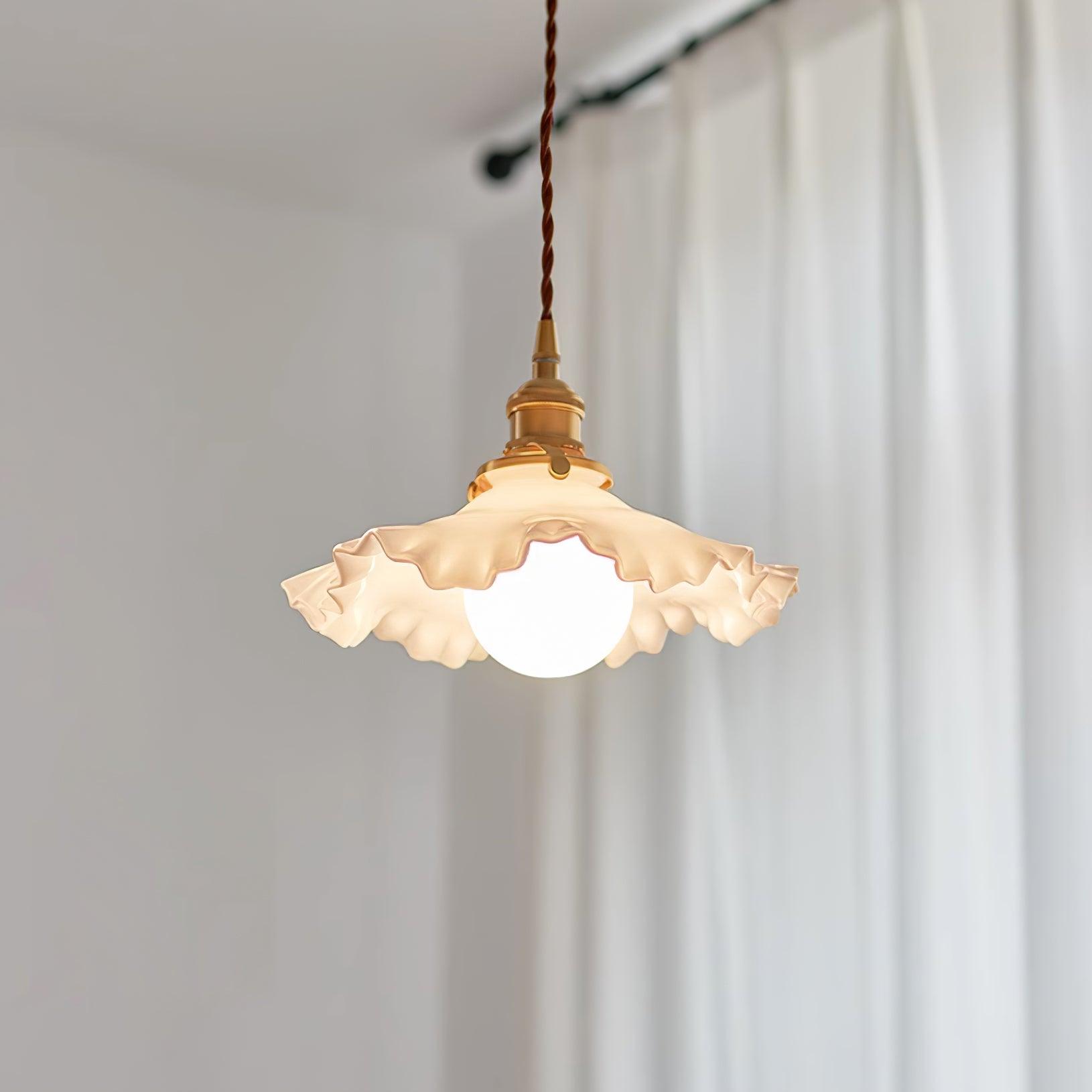 Pendant Lamp Glass Ruffle Shade Brass Warm Glow