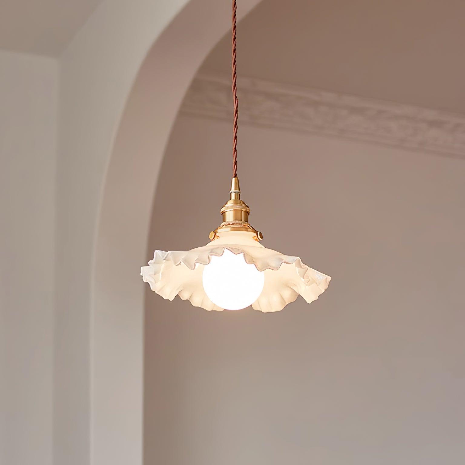 Pendant Lamp Glass Ruffle Shade Brass Warm Glow