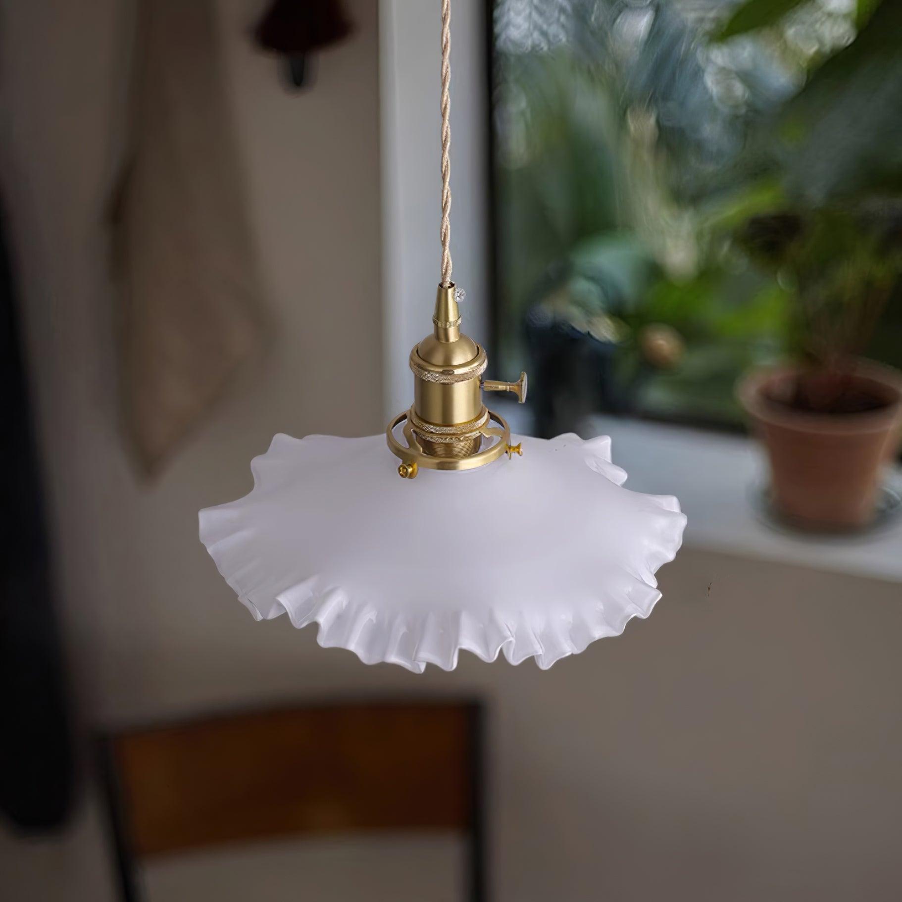Pendant Lamp Glass Ruffle Shade Brass Warm Glow