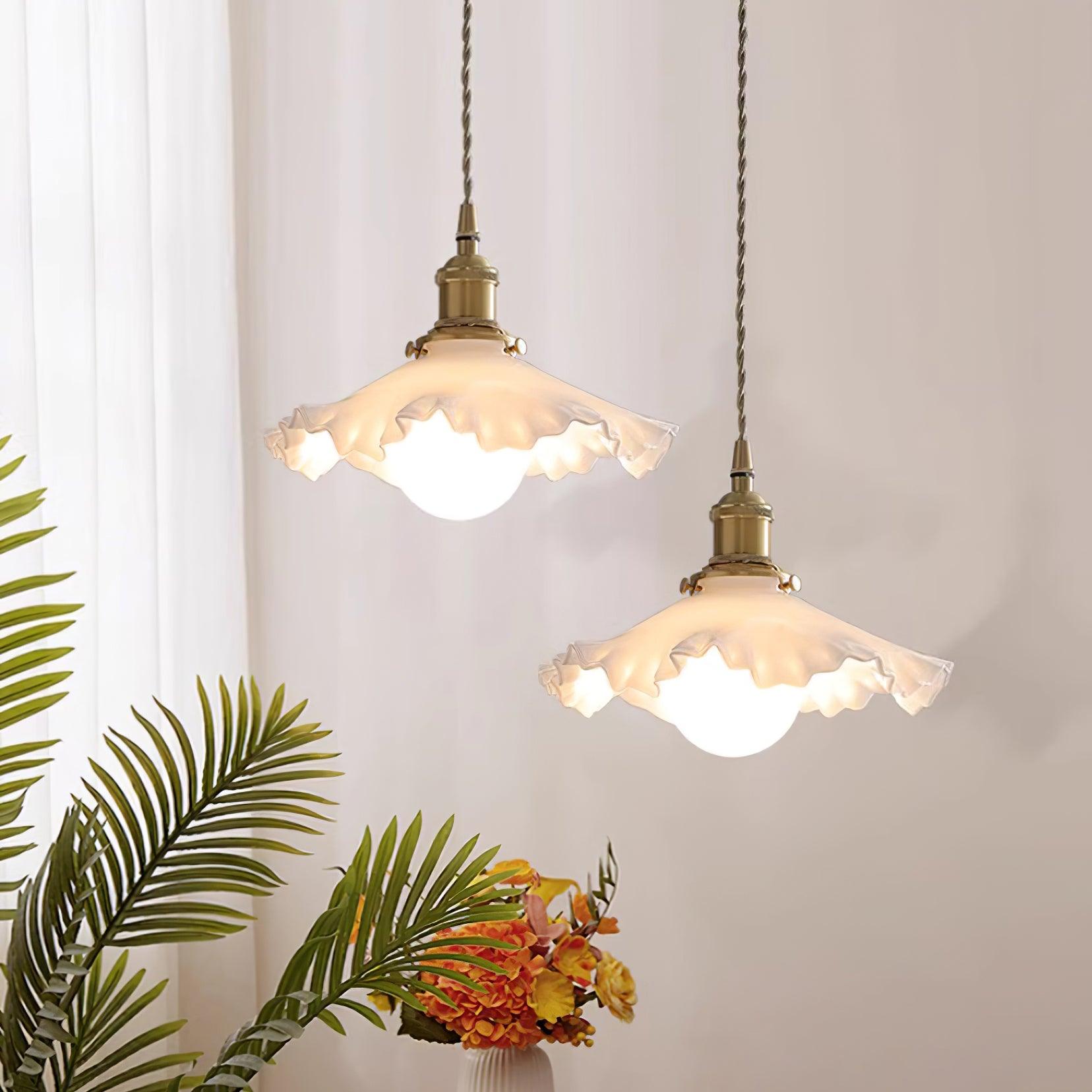 Pendant Lamp Glass Ruffle Shade Brass Warm Glow