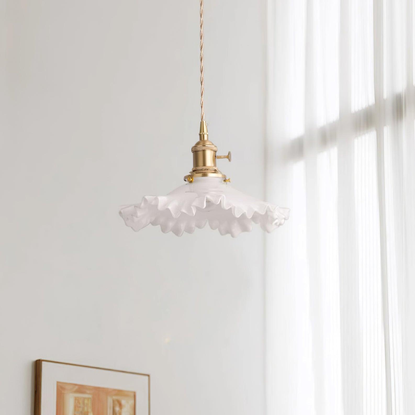 Pendant Lamp Glass Ruffle Shade Brass Warm Glow