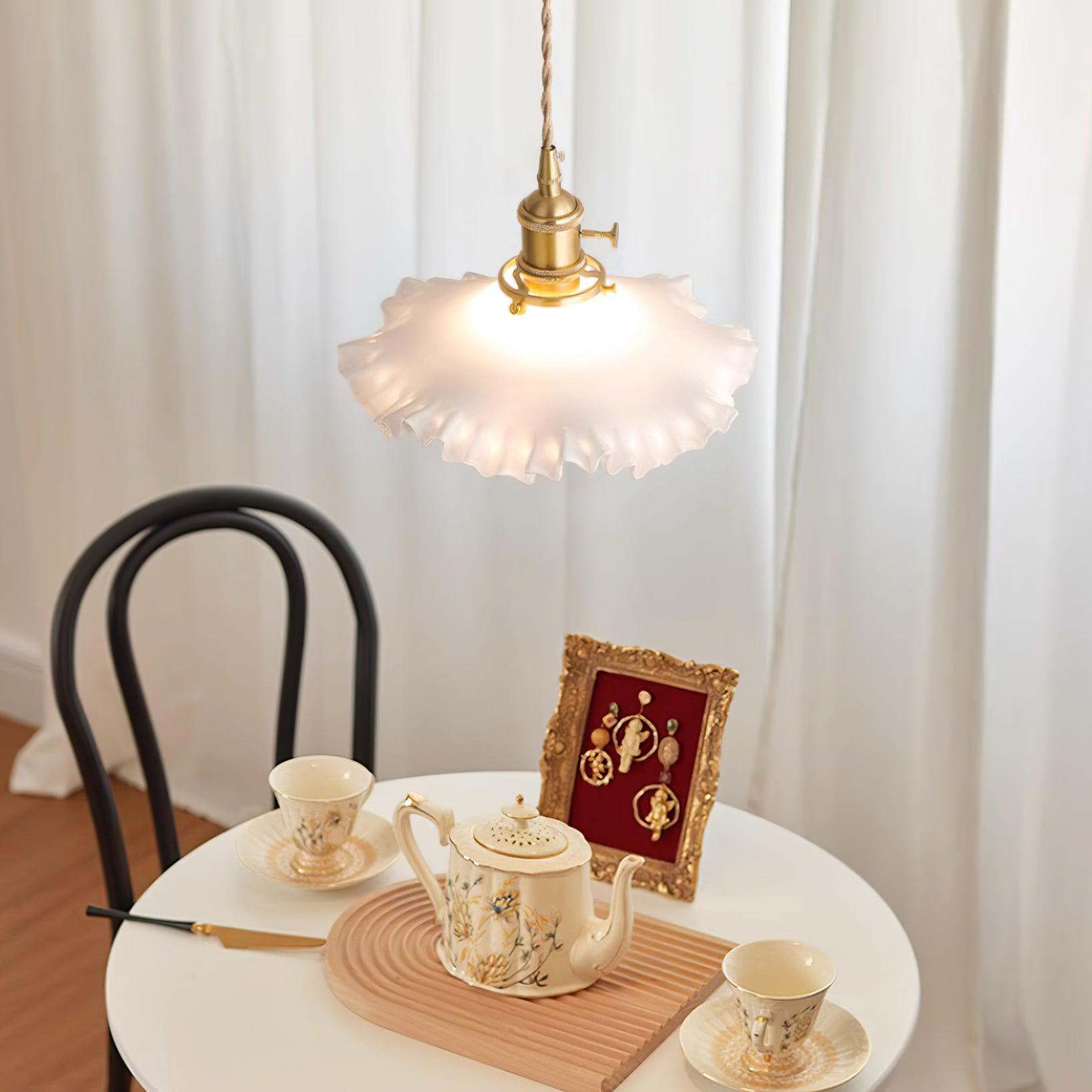 Pendant Lamp Glass Ruffle Shade Brass Warm Glow