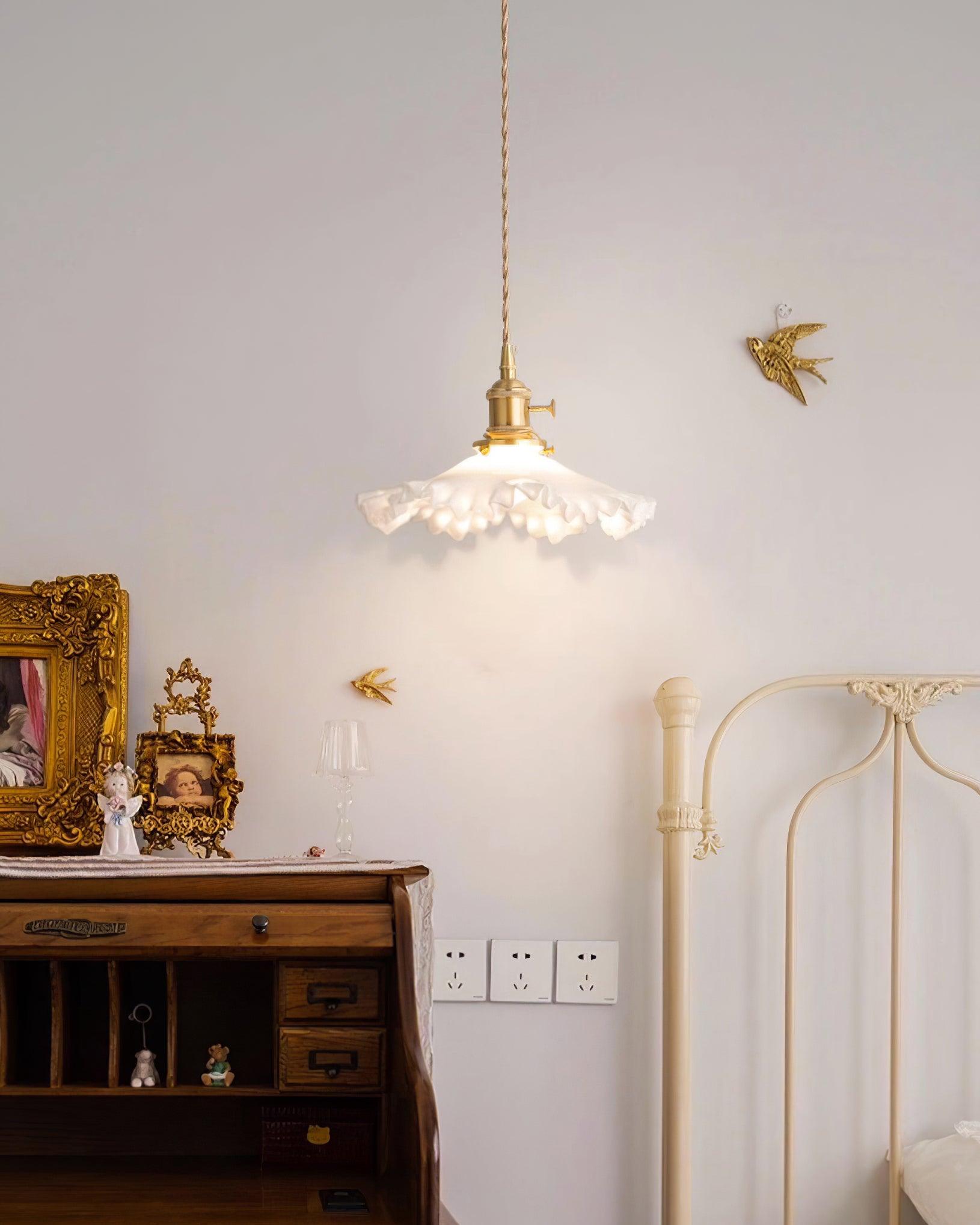 Pendant Lamp Glass Ruffle Shade Brass Warm Glow
