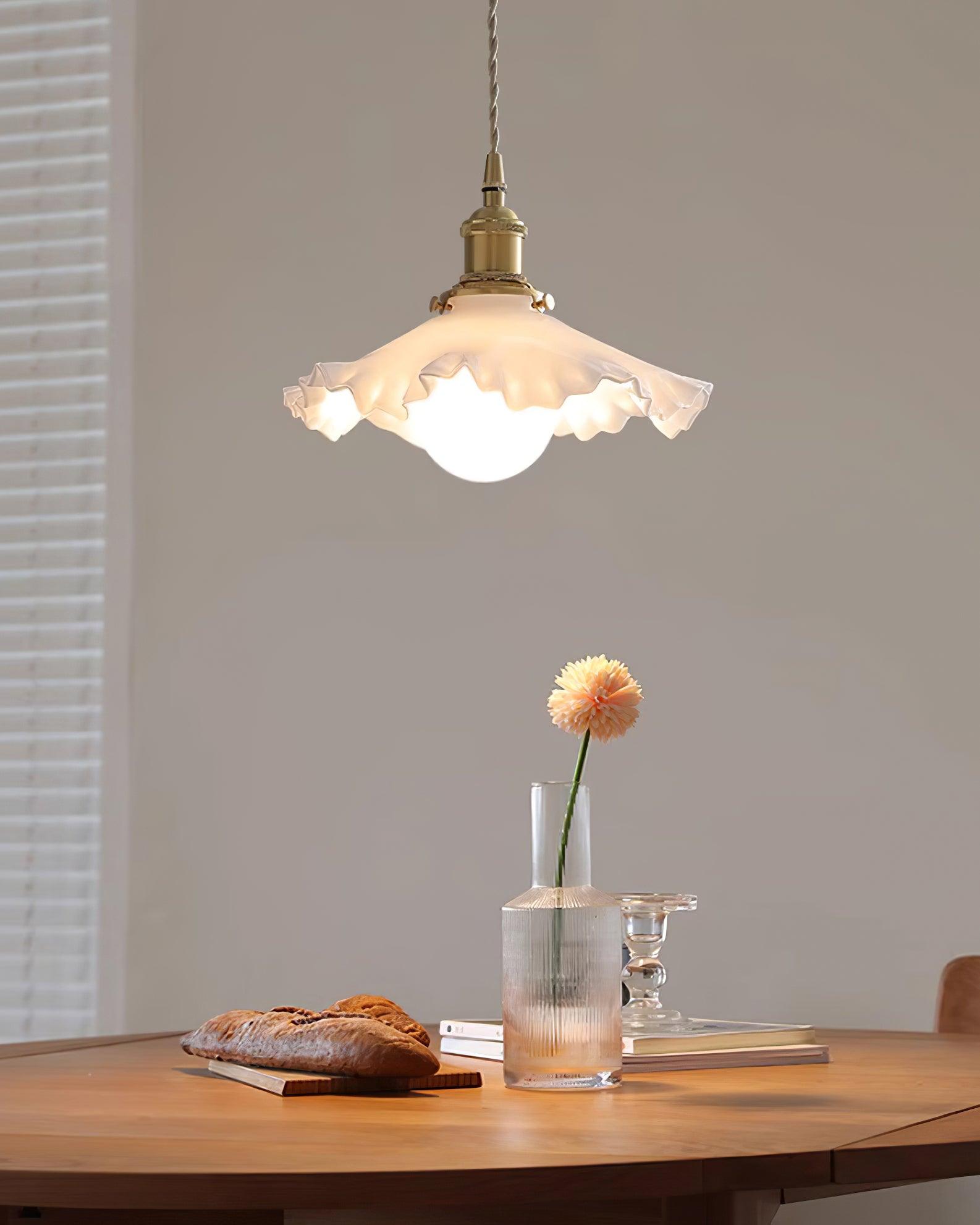 Pendant Lamp Glass Ruffle Shade Brass Warm Glow
