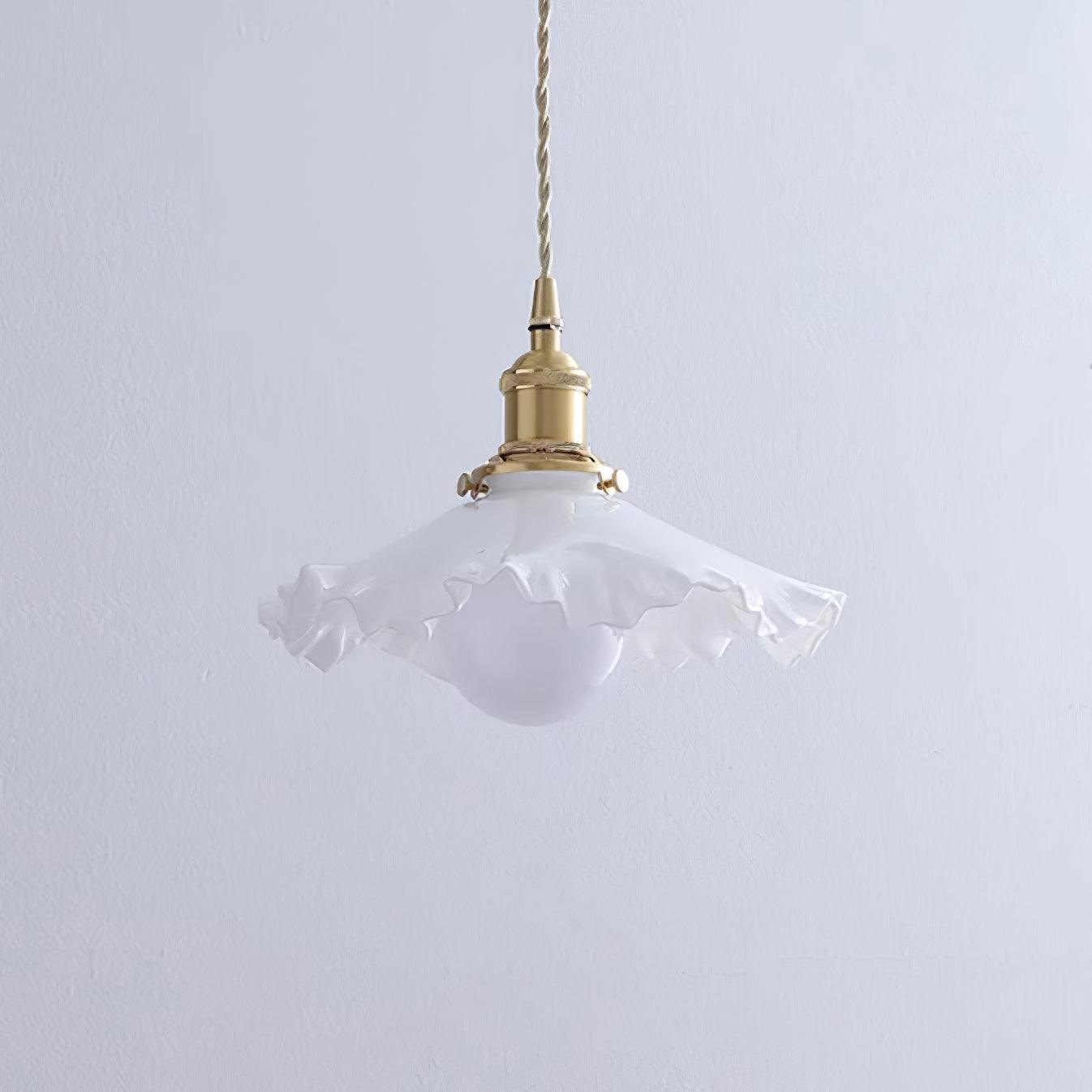 Pendant Lamp Glass Ruffle Shade Brass Warm Glow