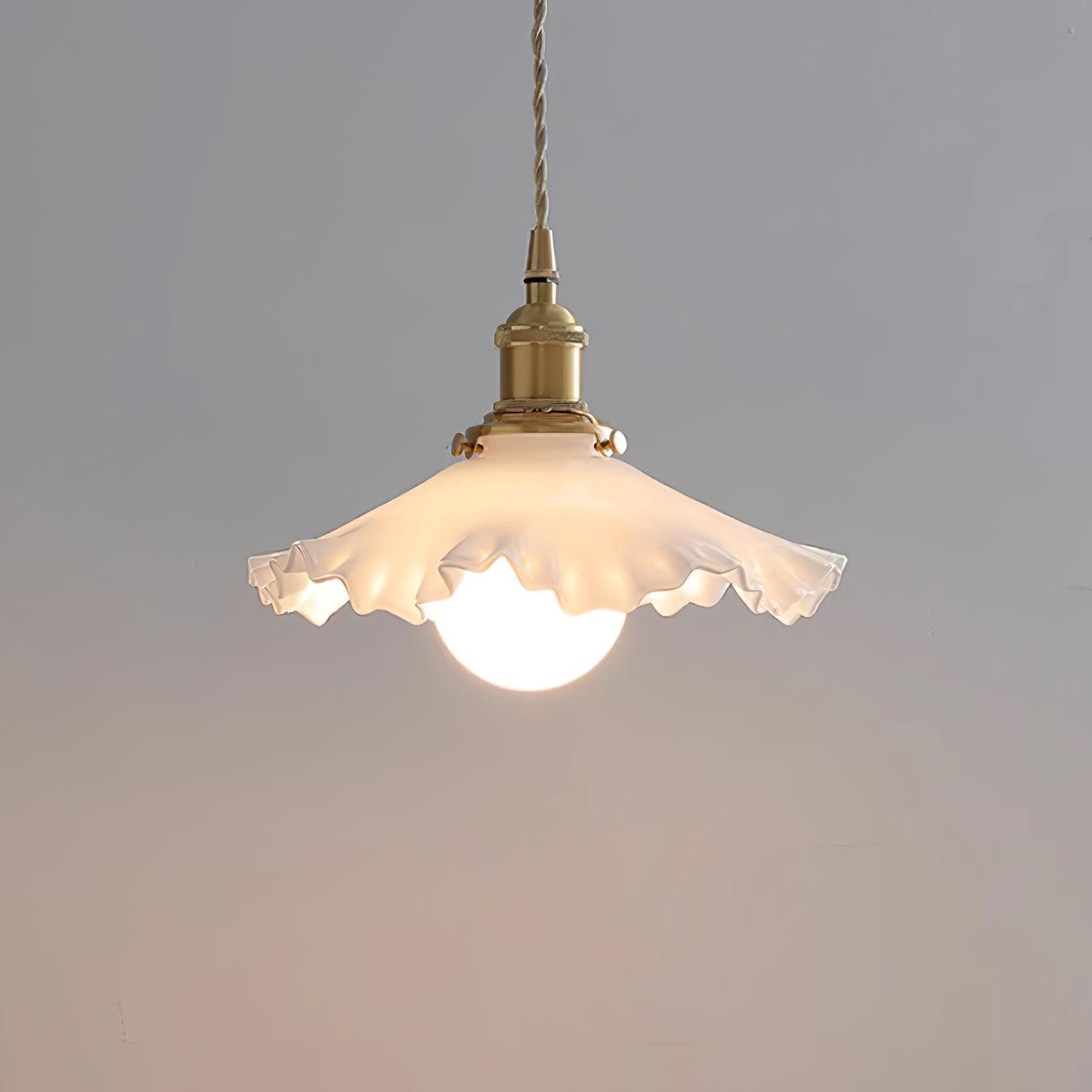 Pendant Lamp Glass Ruffle Shade Brass Warm Glow
