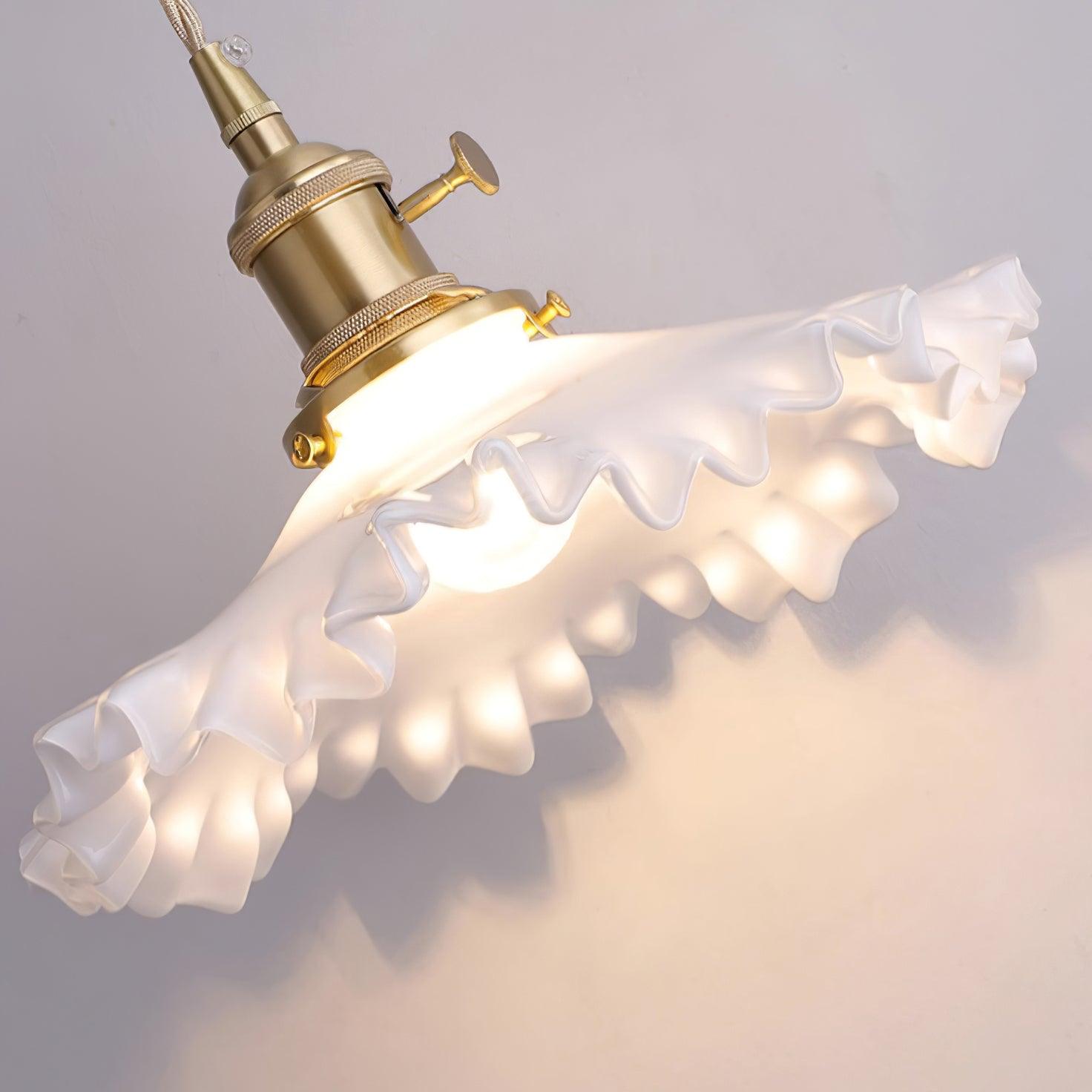 Pendant Lamp Glass Ruffle Shade Brass Warm Glow
