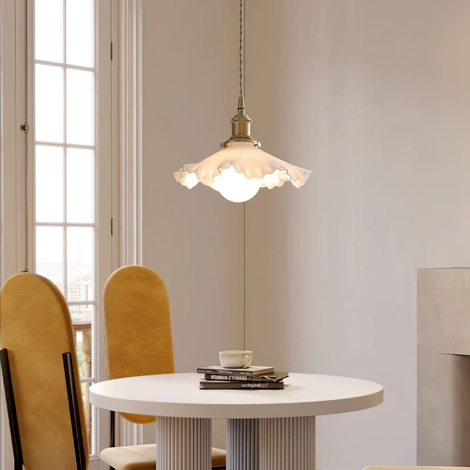 Pendant Lamp Glass Ruffle Shade Brass Warm Glow