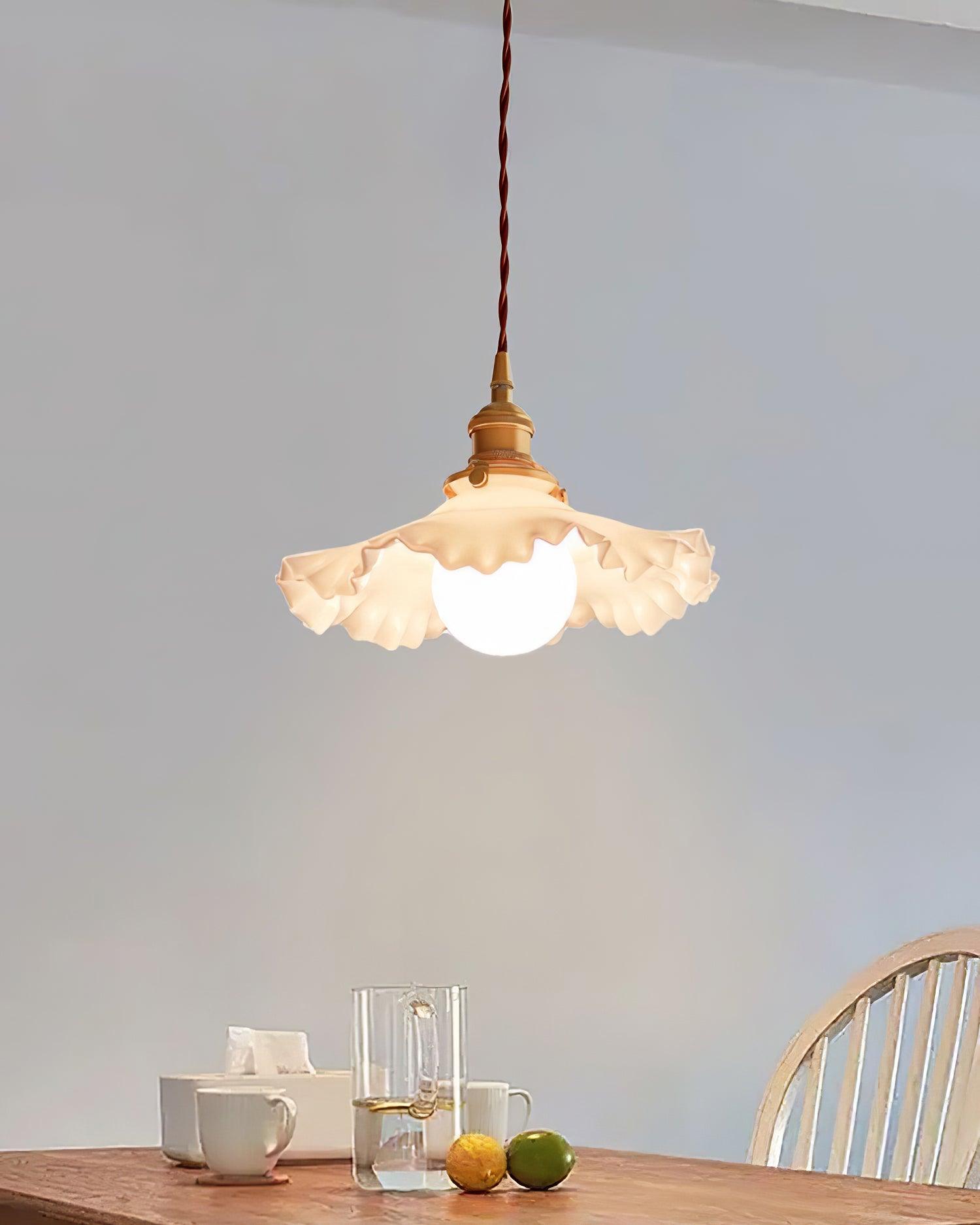 Pendant Lamp Glass Ruffle Shade Brass Warm Glow